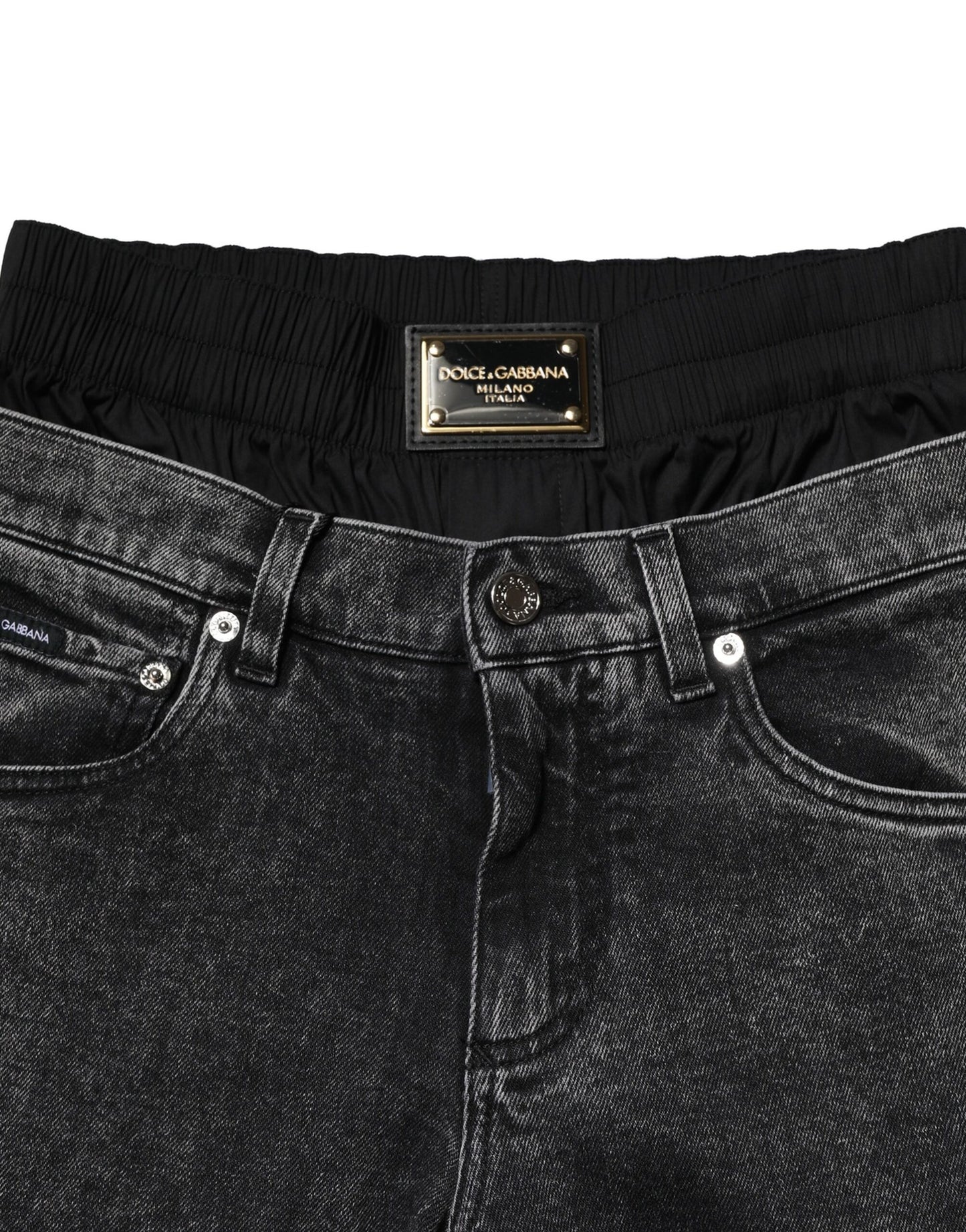 Dolce & Gabbana – Schwarze Jeans aus verwaschenem Denim mit doppeltem Bund