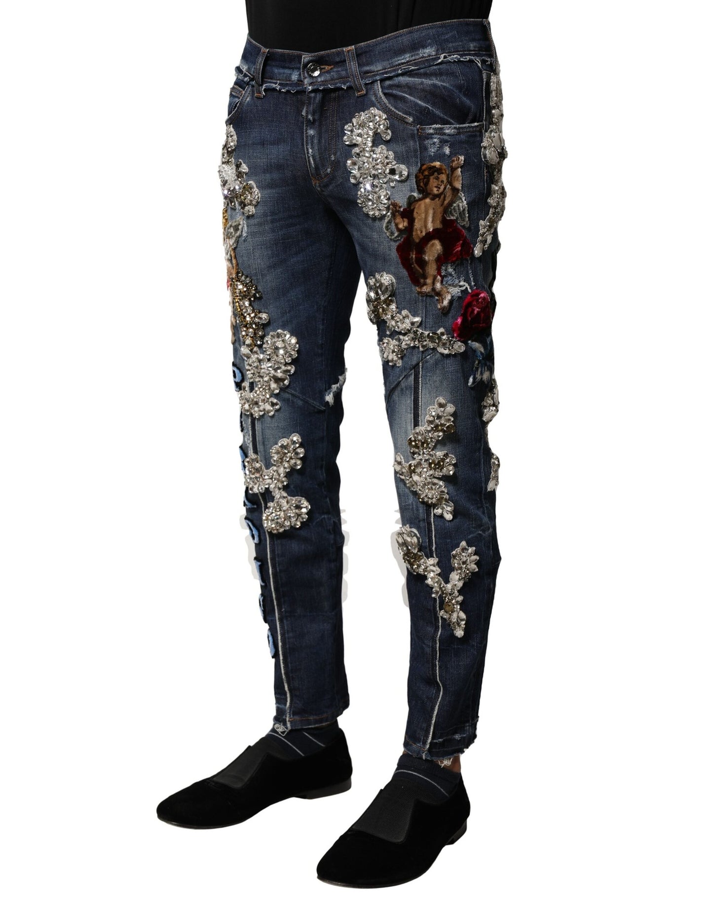 Dolce & Gabbana – Blaue Jeans aus Baumwoll-Denim mit Strassverzierung