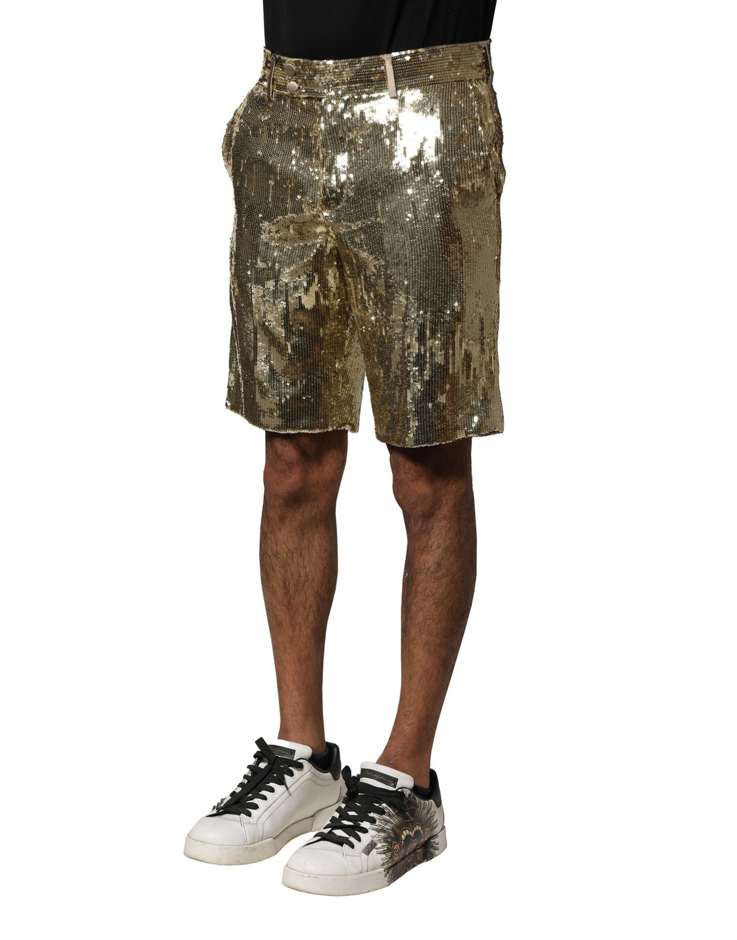 Dolce & Gabbana – Bermudashorts aus Polyester mit goldenen Paillettenverzierungen