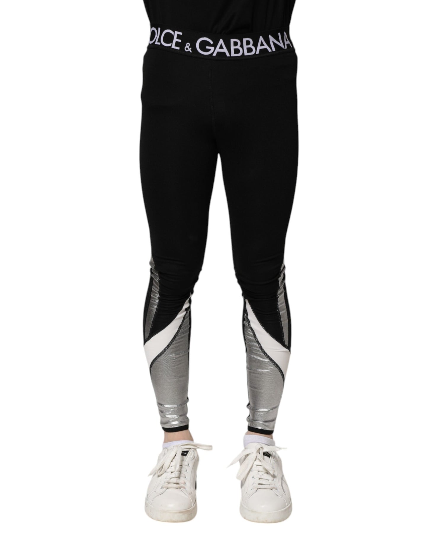 Dolce & Gabbana Schwarze, silberne Nylon-Leggings für Herren