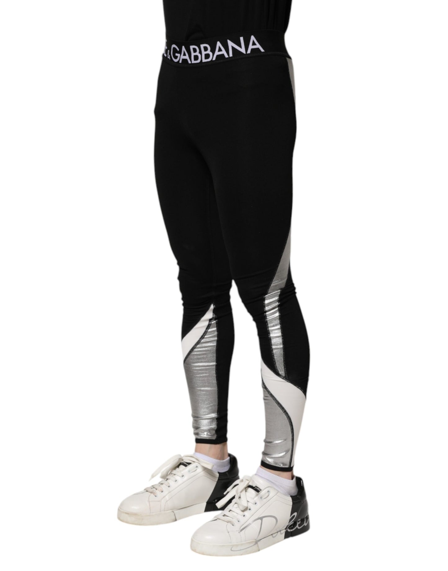Dolce & Gabbana Schwarze, silberne Nylon-Leggings für Herren