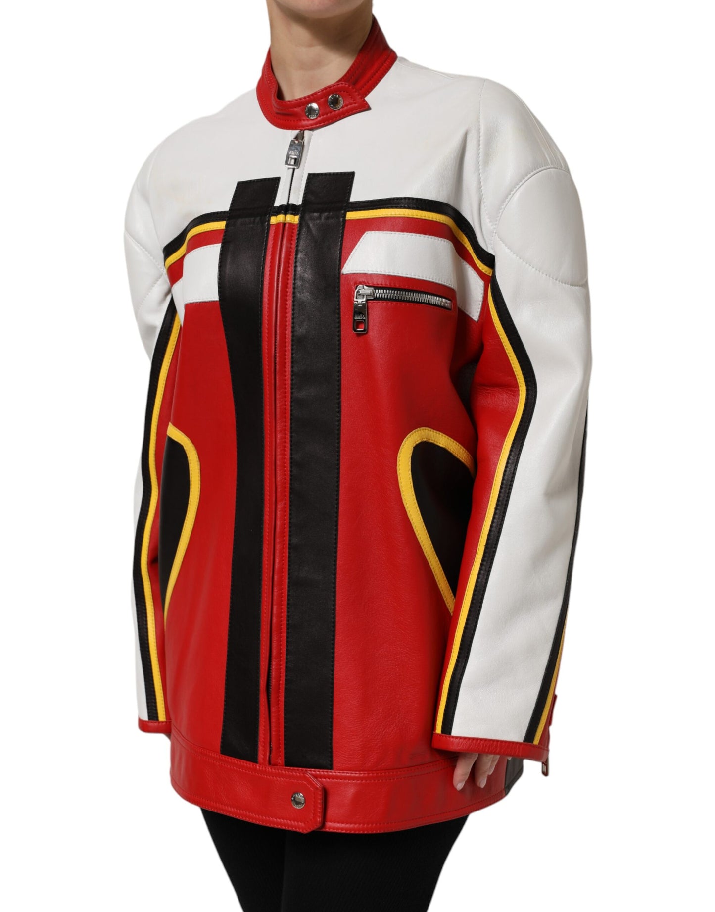 Dolce & Gabbana – Mehrfarbige Bikerjacke aus Leder mit durchgehendem Reißverschluss