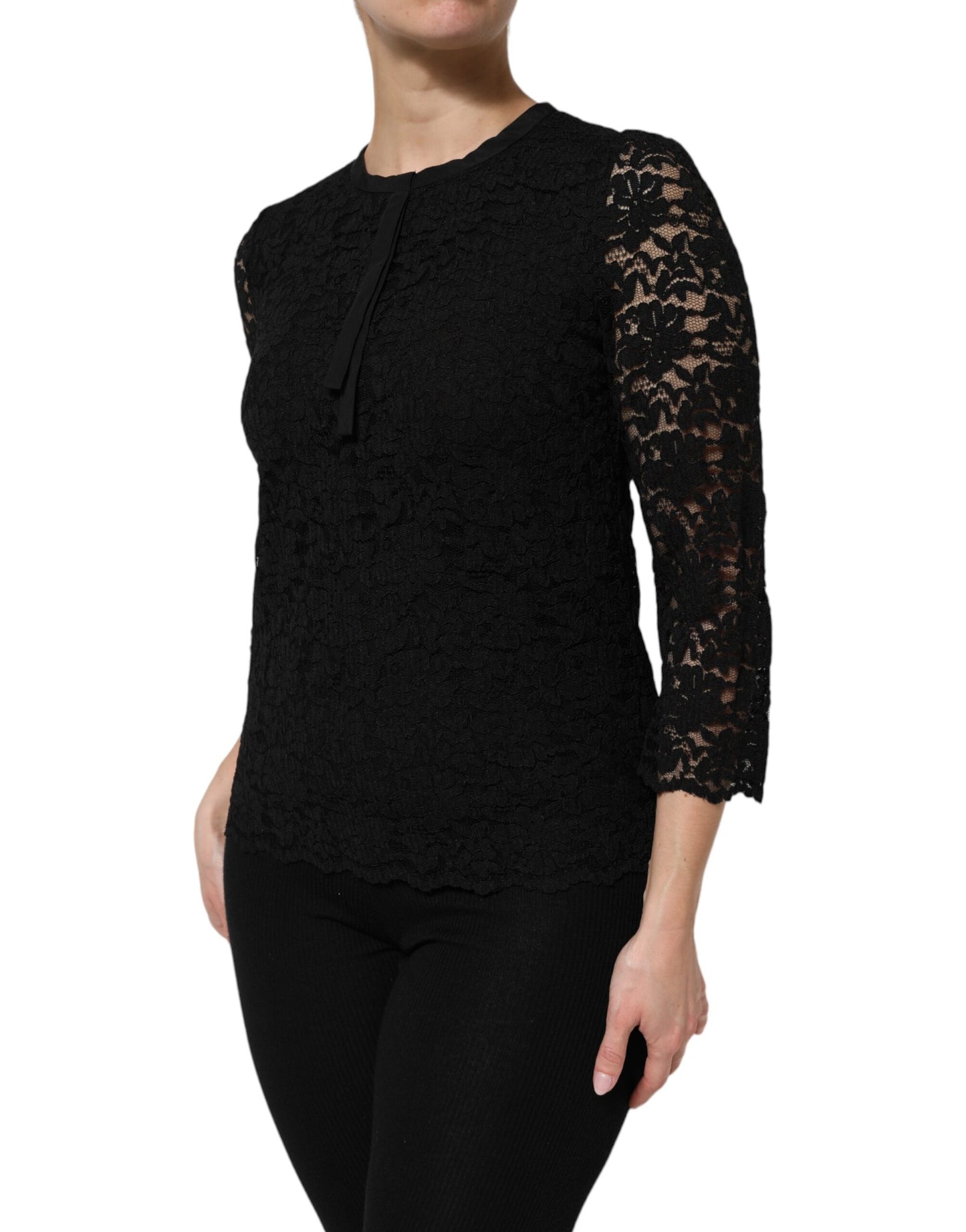 Dolce & Gabbana – Schwarzes Langarm-Blusetop aus Nylonspitze