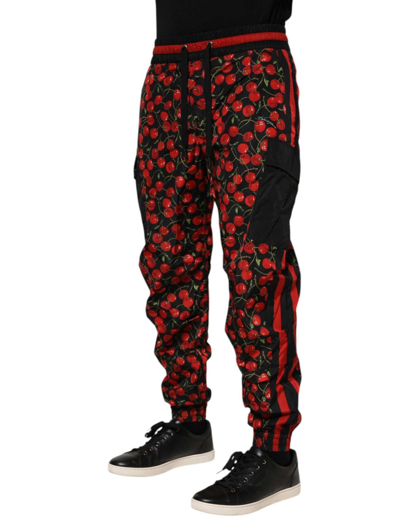 Dolce & Gabbana Schwarz Rot Kirsche Print Männer Jogginghose Hosen