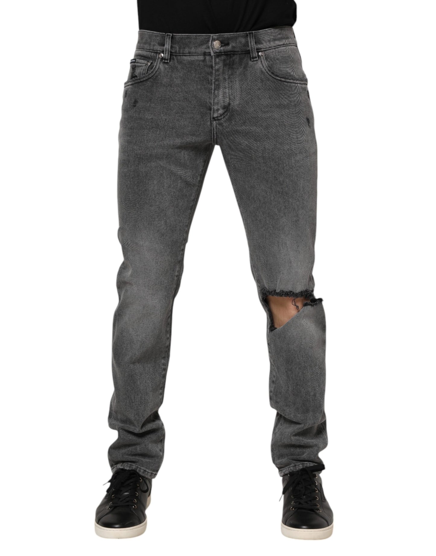Dolce & Gabbana – Graue Jeans aus Baumwoll-Denim mit Logo-Plakette
