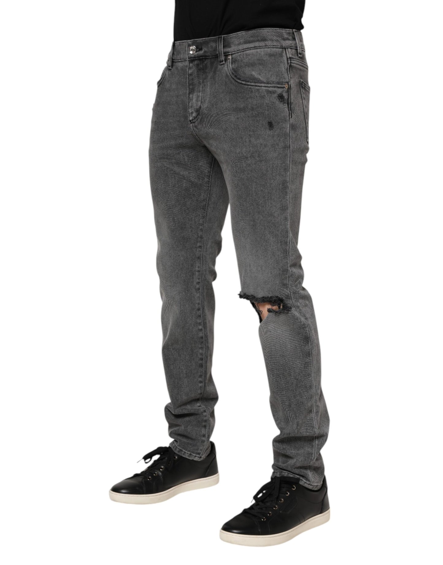Dolce & Gabbana – Graue Jeans aus Baumwoll-Denim mit Logo-Plakette