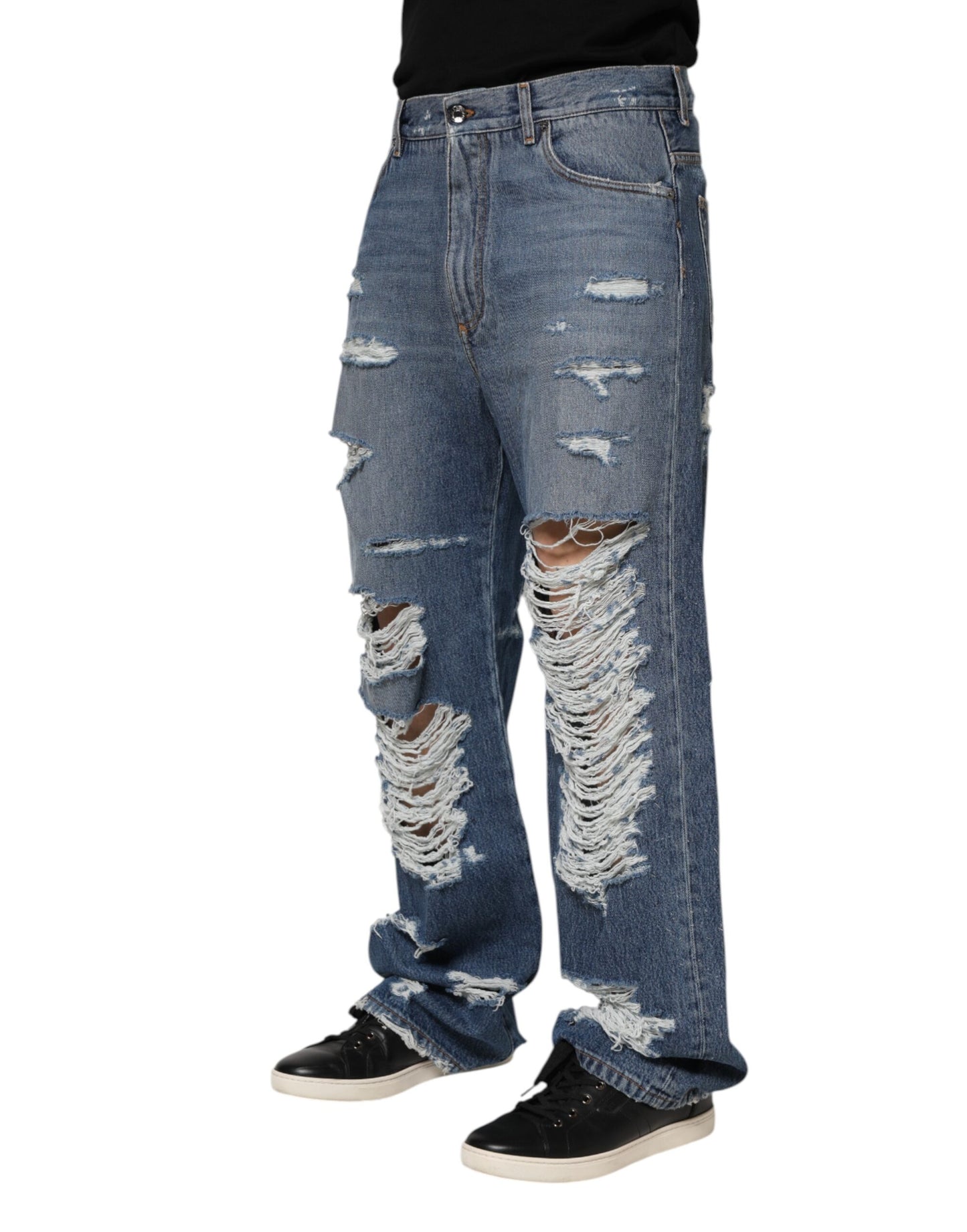 Dolce & Gabbana Blaue Jeans aus zerfetzter Baumwolle mit Logo-Plakette