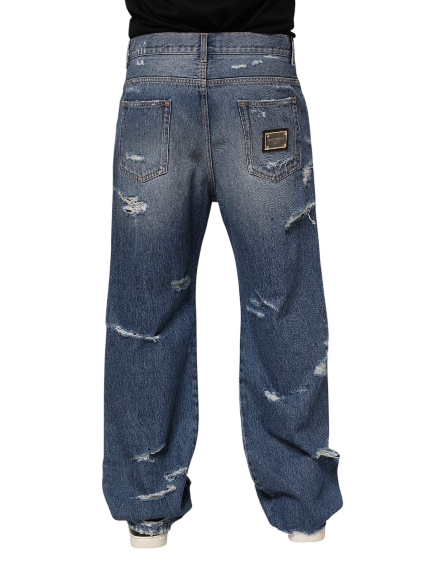 Dolce & Gabbana Blaue Jeans aus zerfetzter Baumwolle mit Logo-Plakette