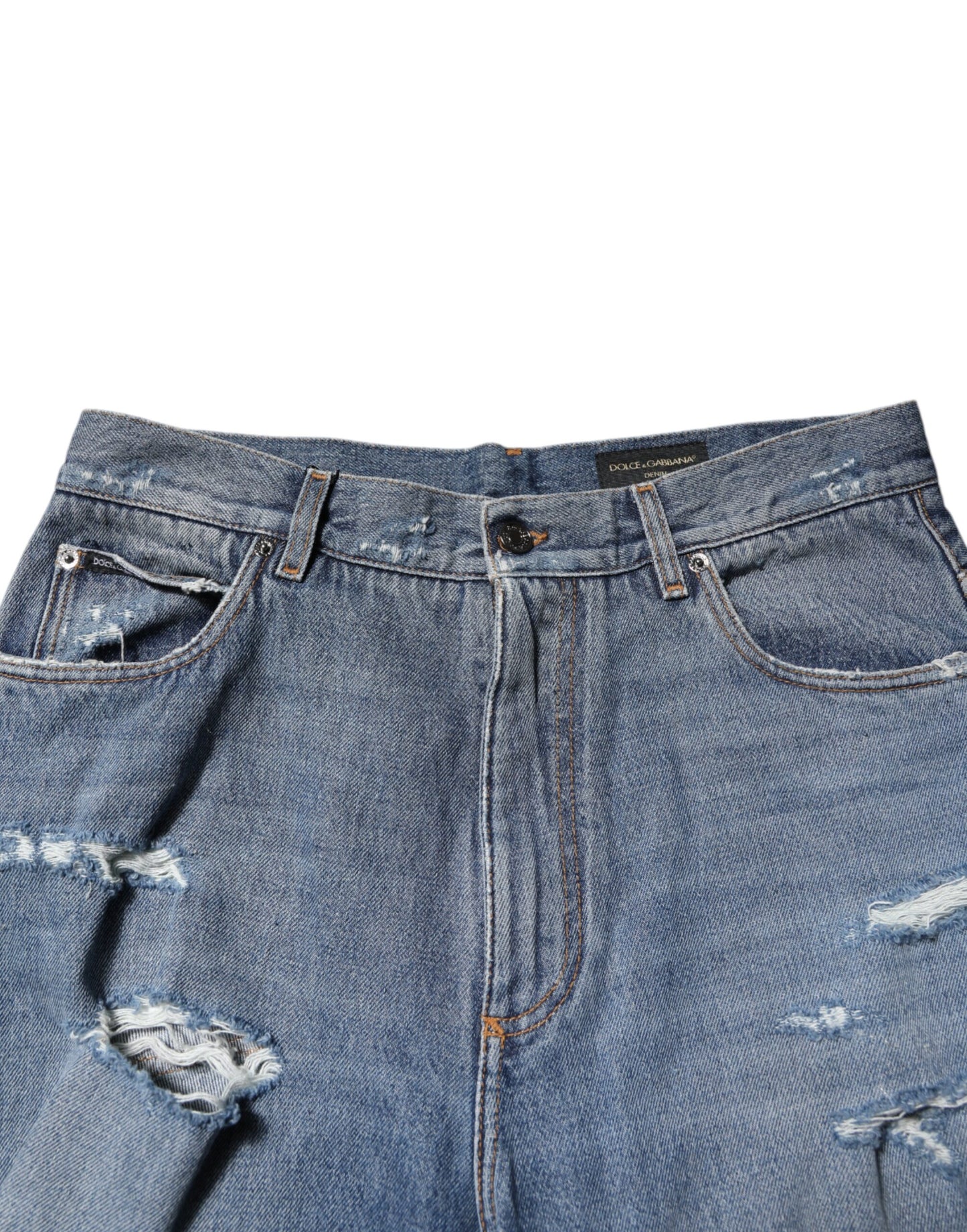 Dolce & Gabbana Blaue Jeans aus zerfetzter Baumwolle mit Logo-Plakette