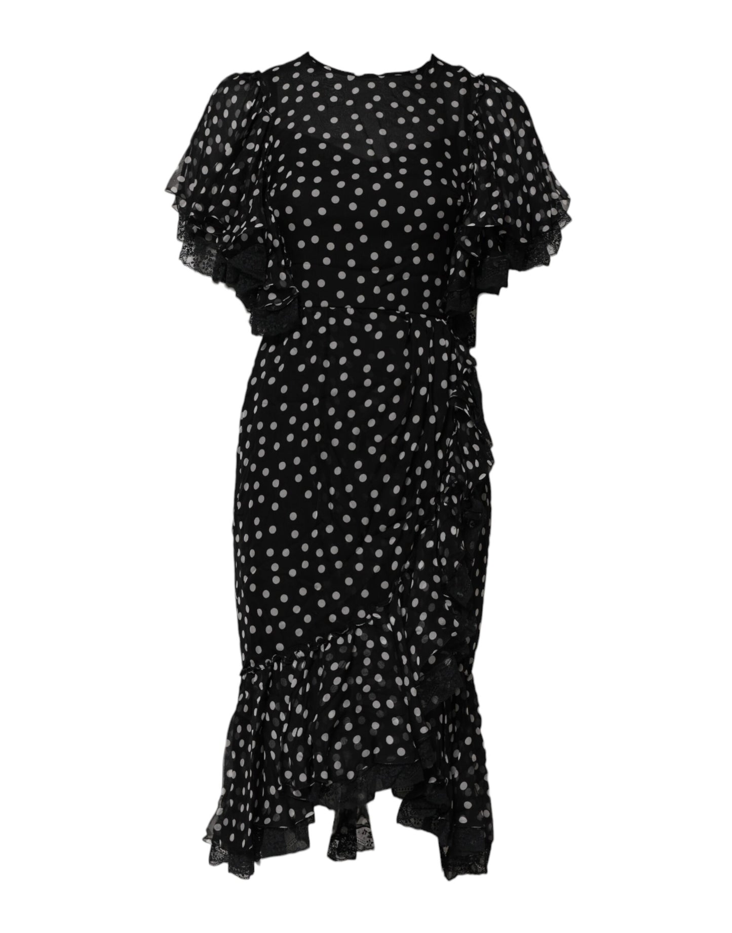 Dolce & Gabbana – Chiffonkleid mit schwarzen und weißen Spitzen und Punkten