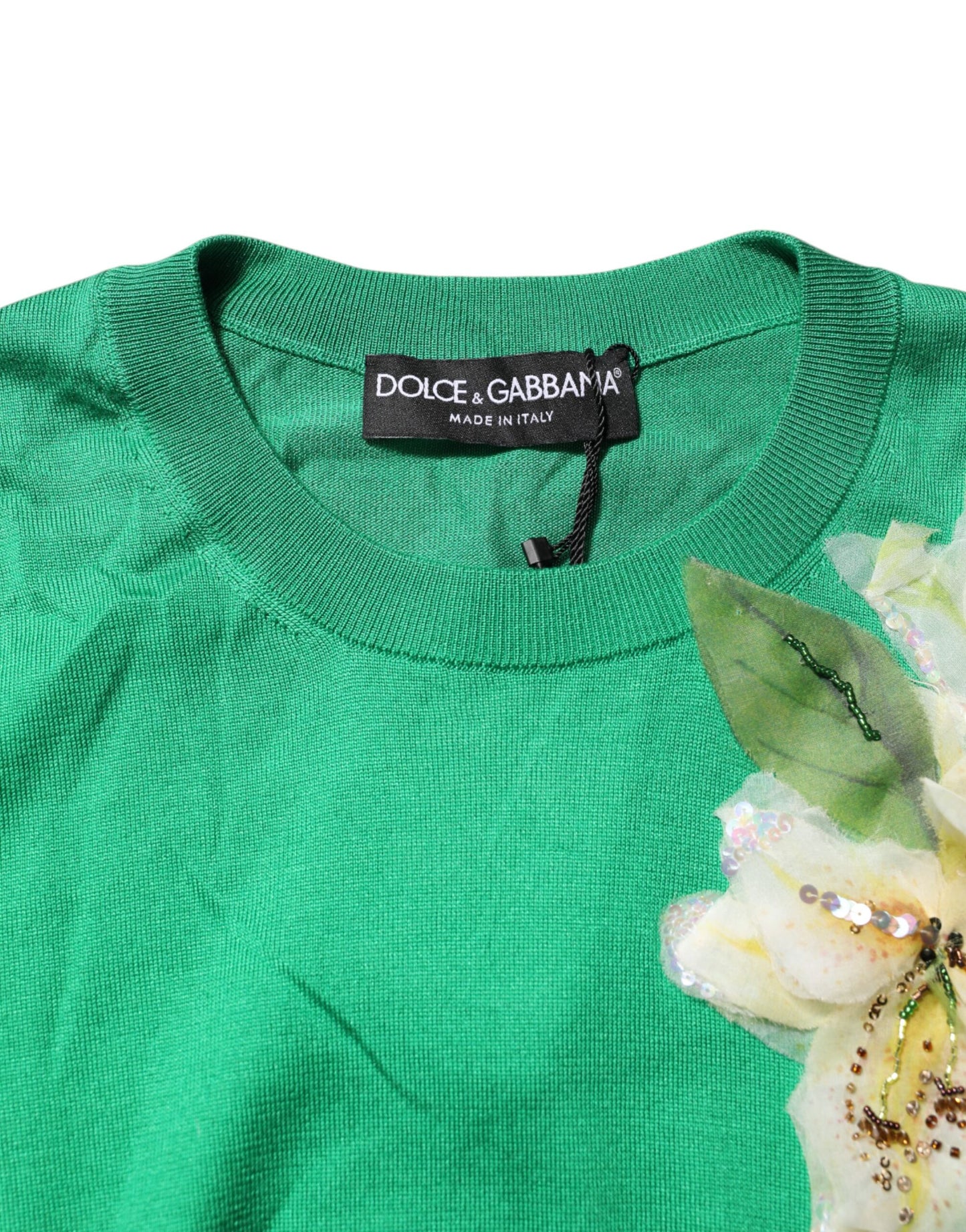 Dolce & Gabbana – Grüner Seidenpullover mit Blumendetail