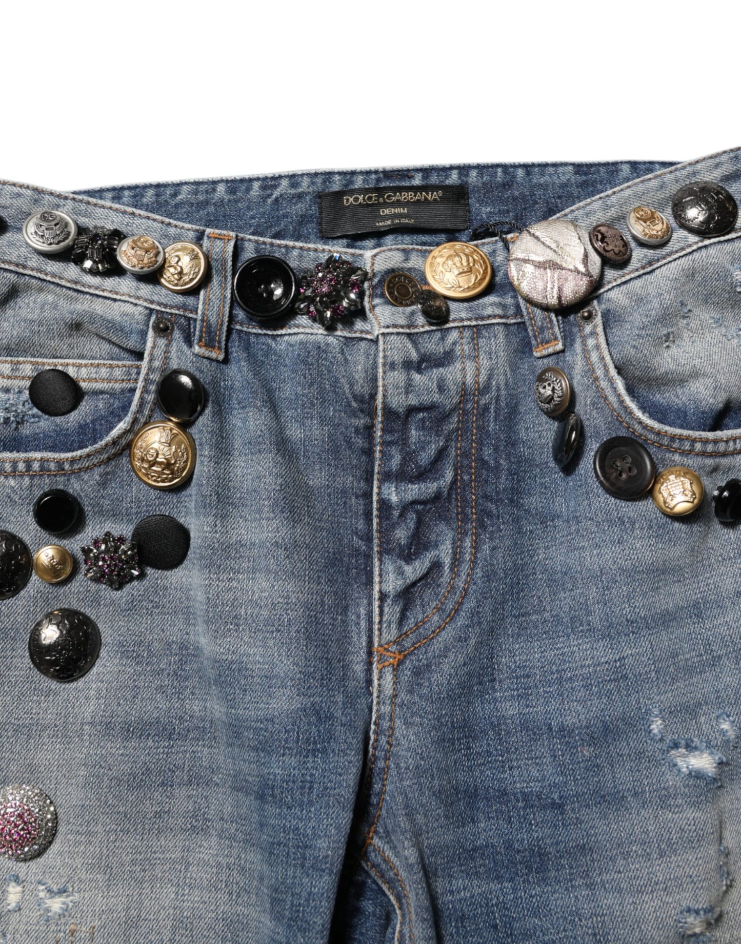 Dolce & Gabbana – Blaue, zerfetzte Skinny-Denim-Jeans mit Verzierung
