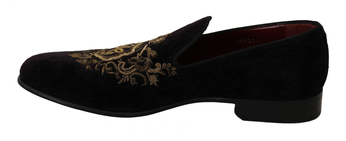 Dolce & Gabbana Loafer aus schwarzem Samt mit goldener Krone