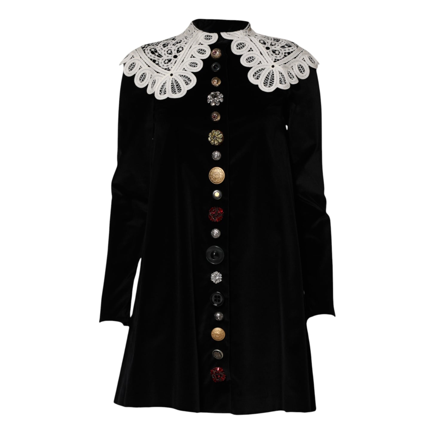 Dolce & Gabbana – Schwarzes Samtkleid mit Spitzenkragen und Verzierung