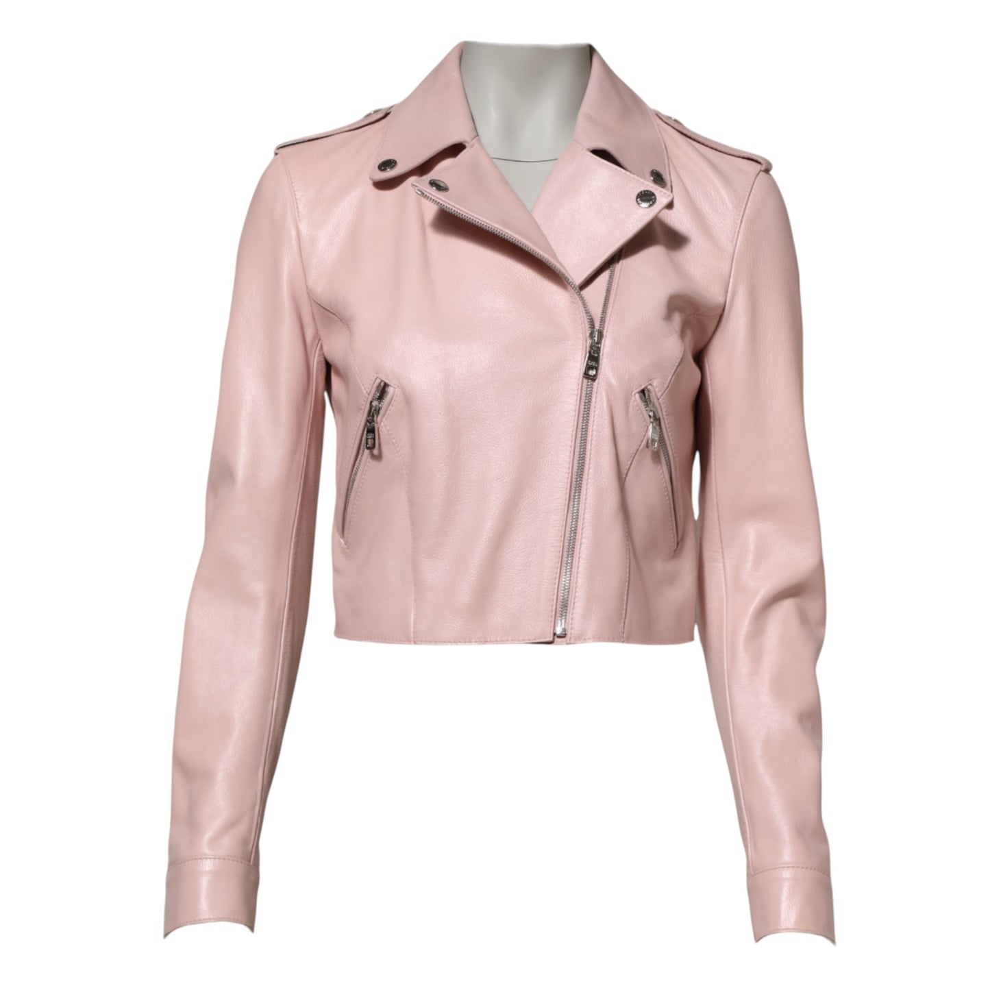 Dolce & Gabbana – Hellrosa Bikerjacke aus Leder mit Kragen für Damen