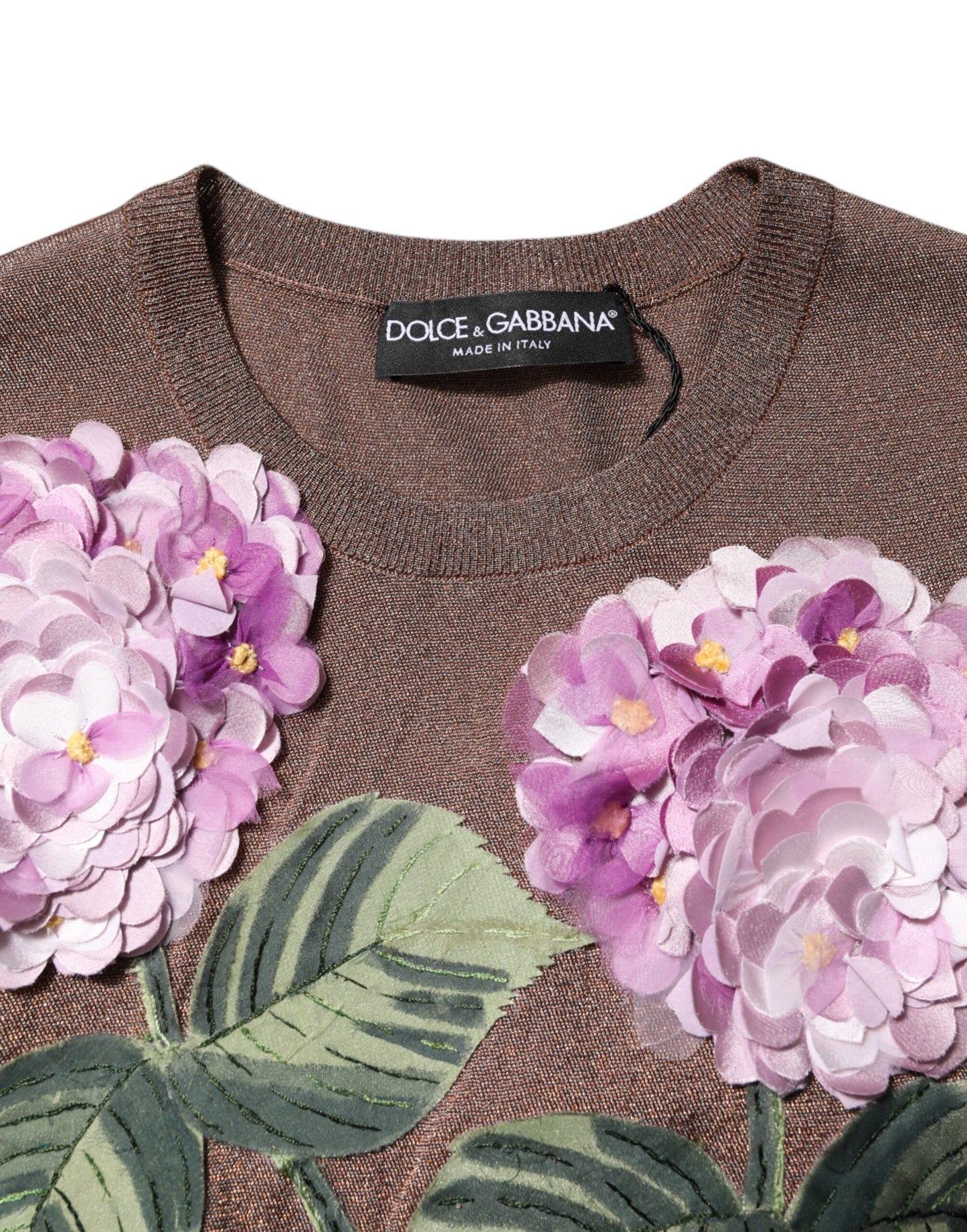 Dolce & Gabbana – Blusentop mit Rundhalsausschnitt und Lilienverzierung in Braun