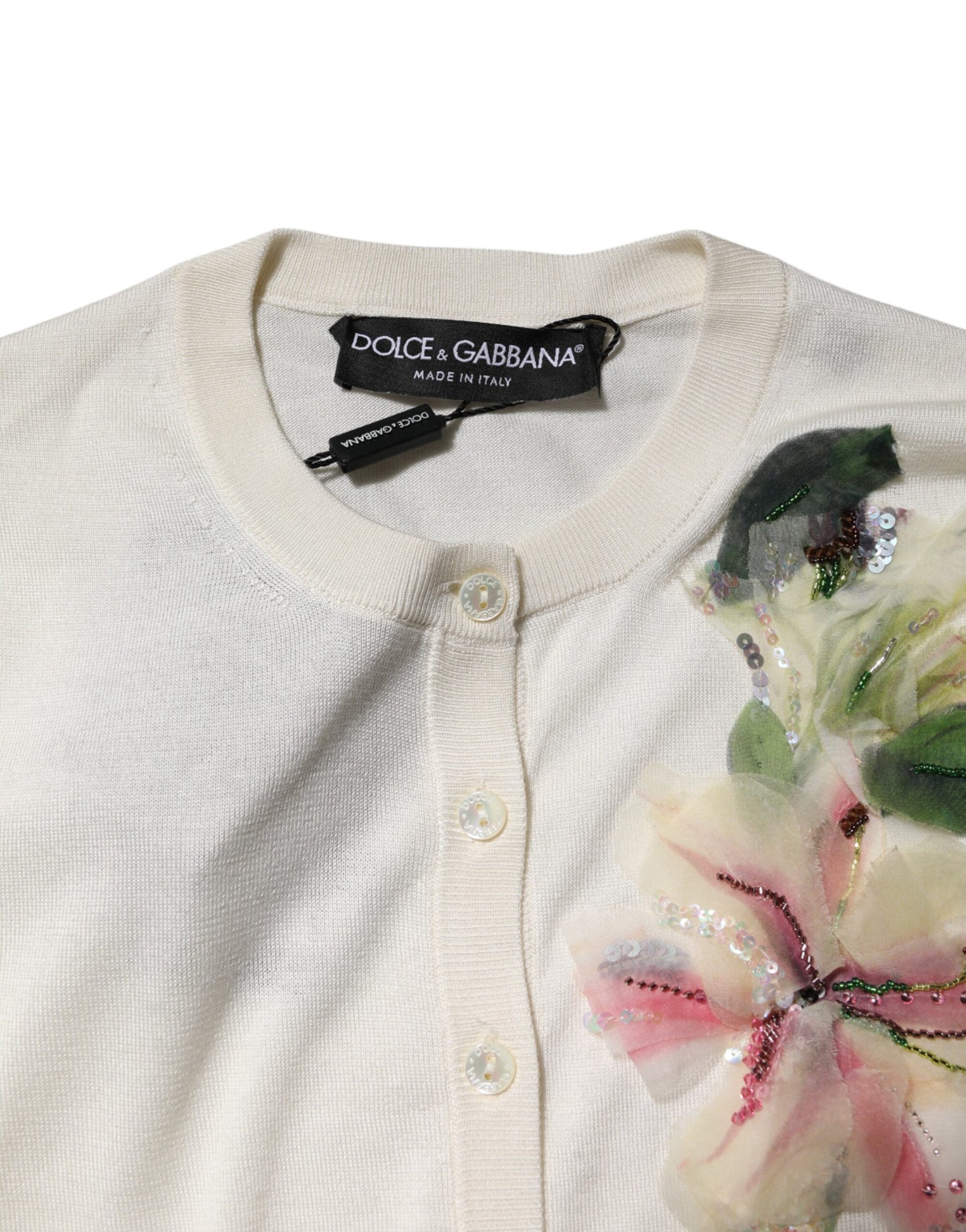 Dolce & Gabbana – Strickjacke aus weißer Seide mit Lilienverzierung