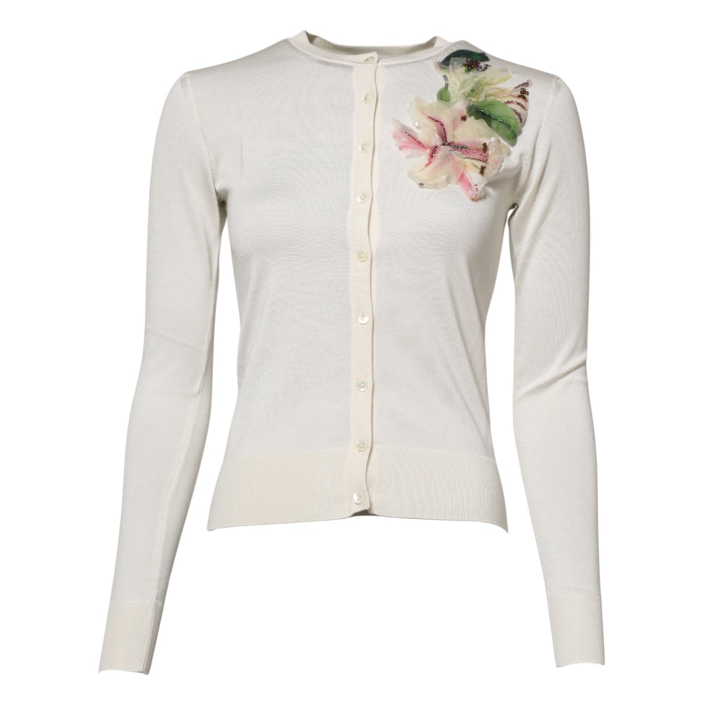 Dolce & Gabbana – Strickjacke aus weißer Seide mit Lilienverzierung