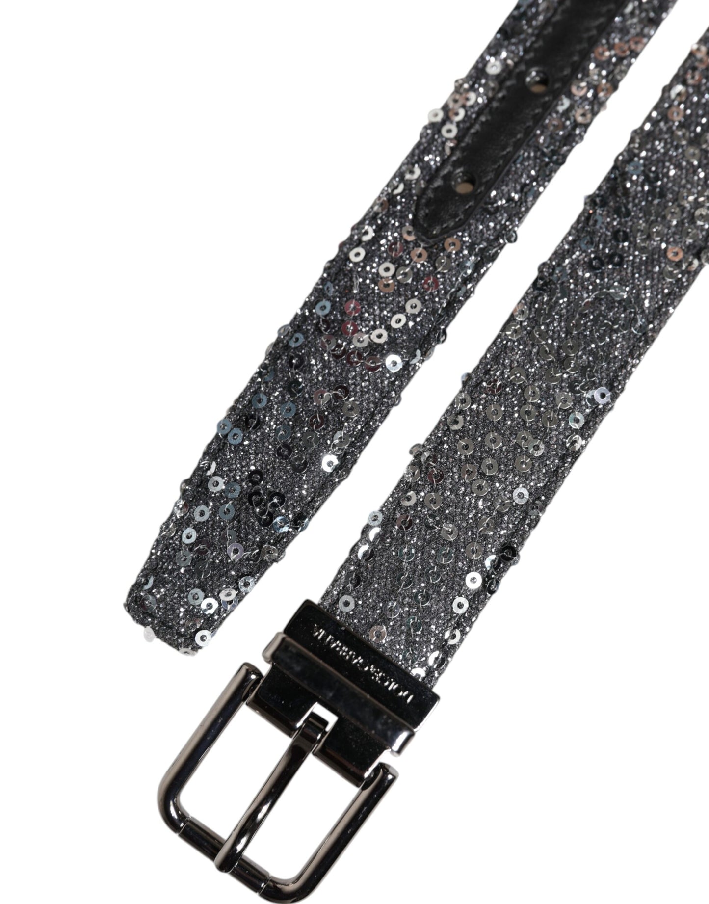 Dolce & Gabbana – Gürtel mit Logoschnalle aus schwarzem Pailletten und silbernem Metall