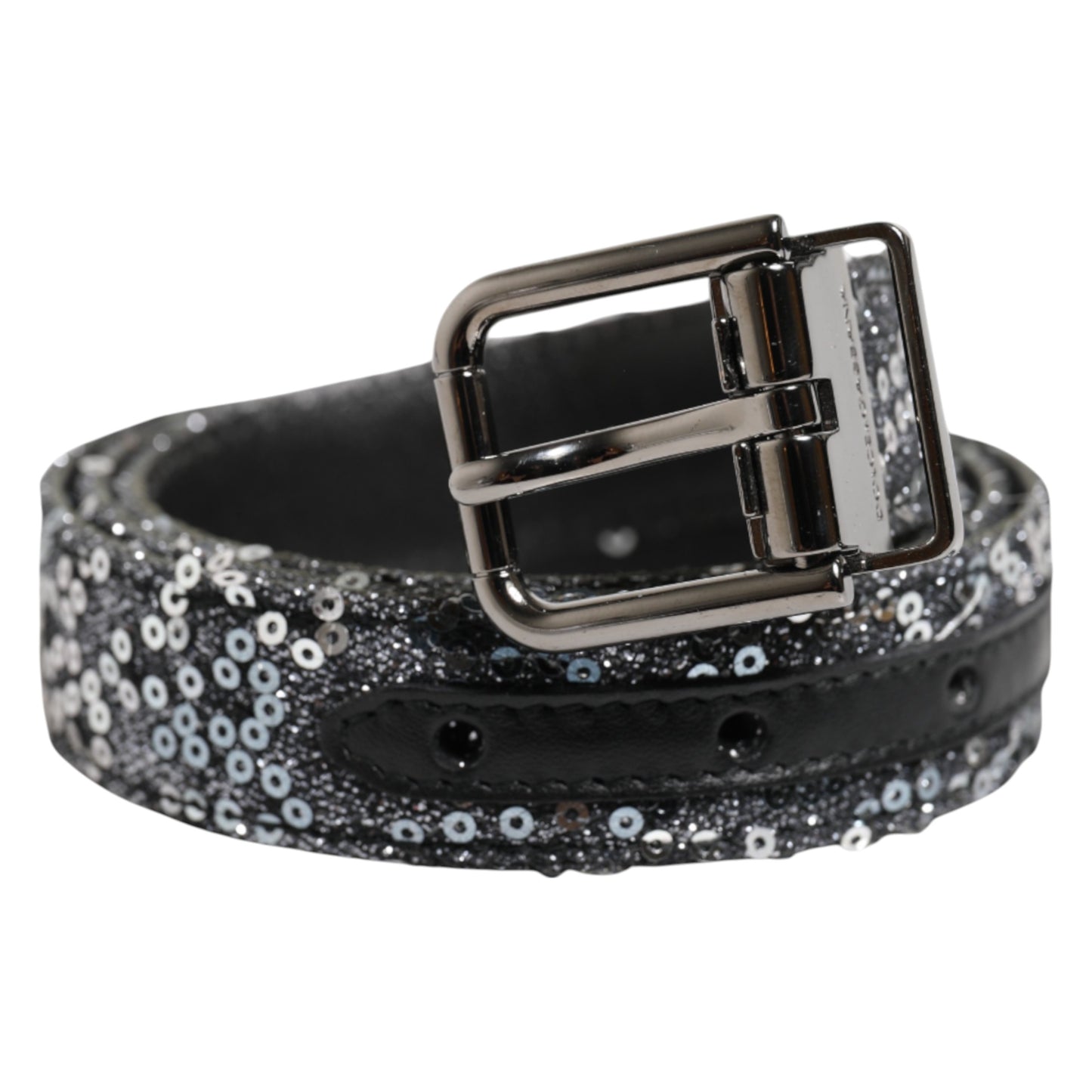 Dolce & Gabbana – Gürtel mit Logoschnalle aus schwarzem Pailletten und silbernem Metall