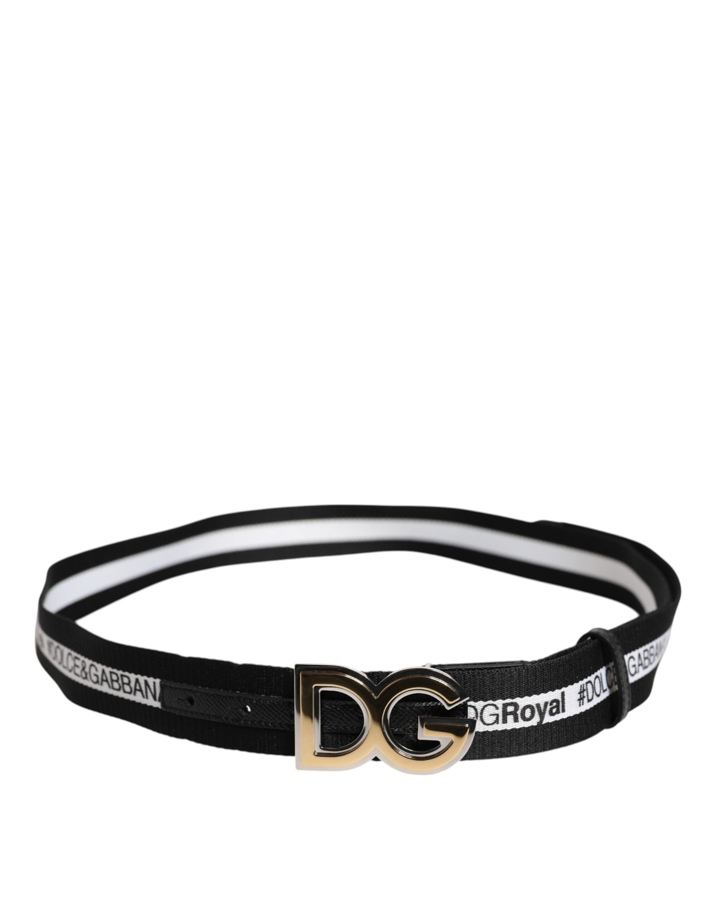 Dolce & Gabbana – Schwarzer Baumwollgürtel mit DG-Logo und goldener Schnalle aus Metall