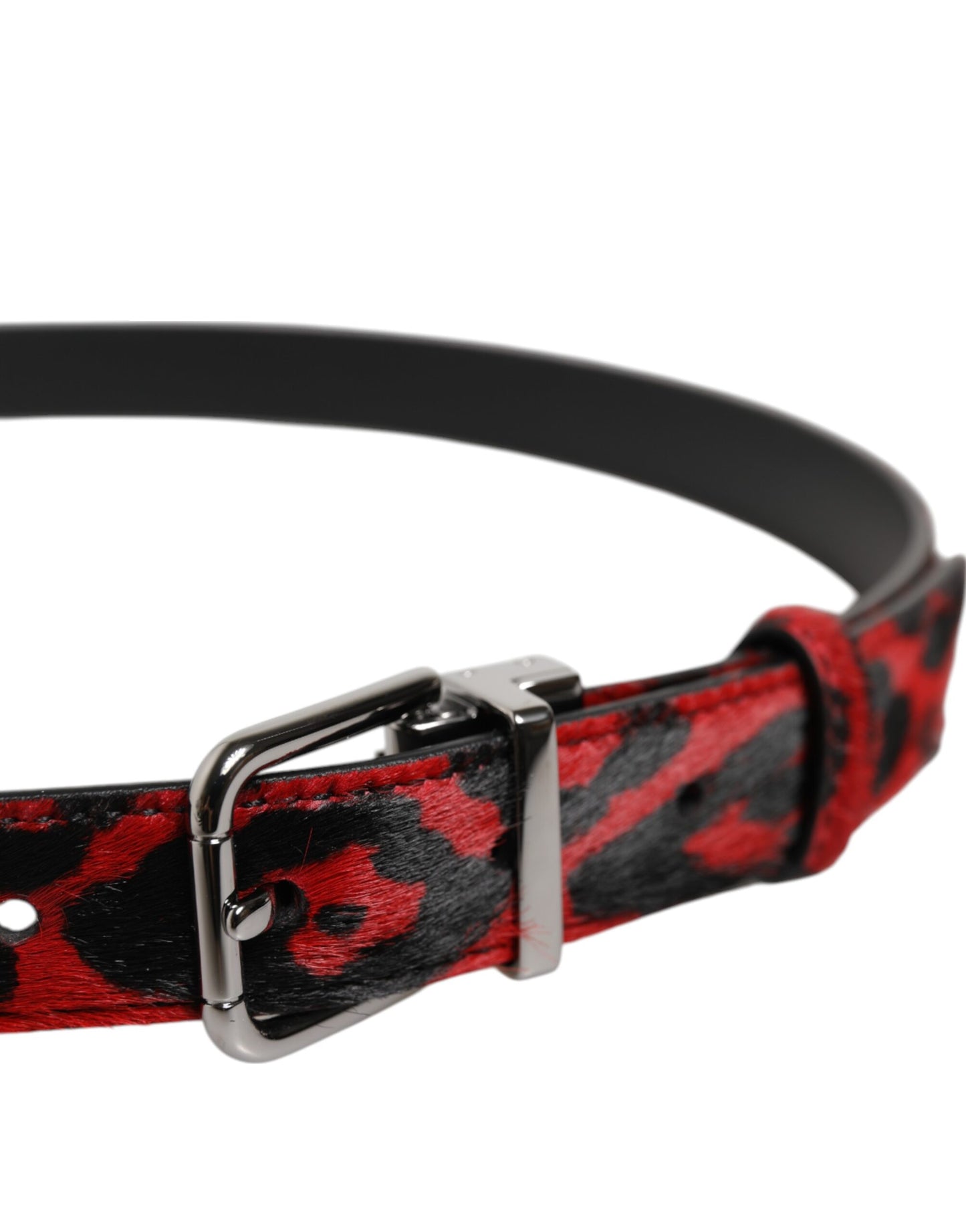 Dolce & Gabbana Gürtel mit schwarzer und roter Leoparden-Metallschnalle und silberner Schnalle