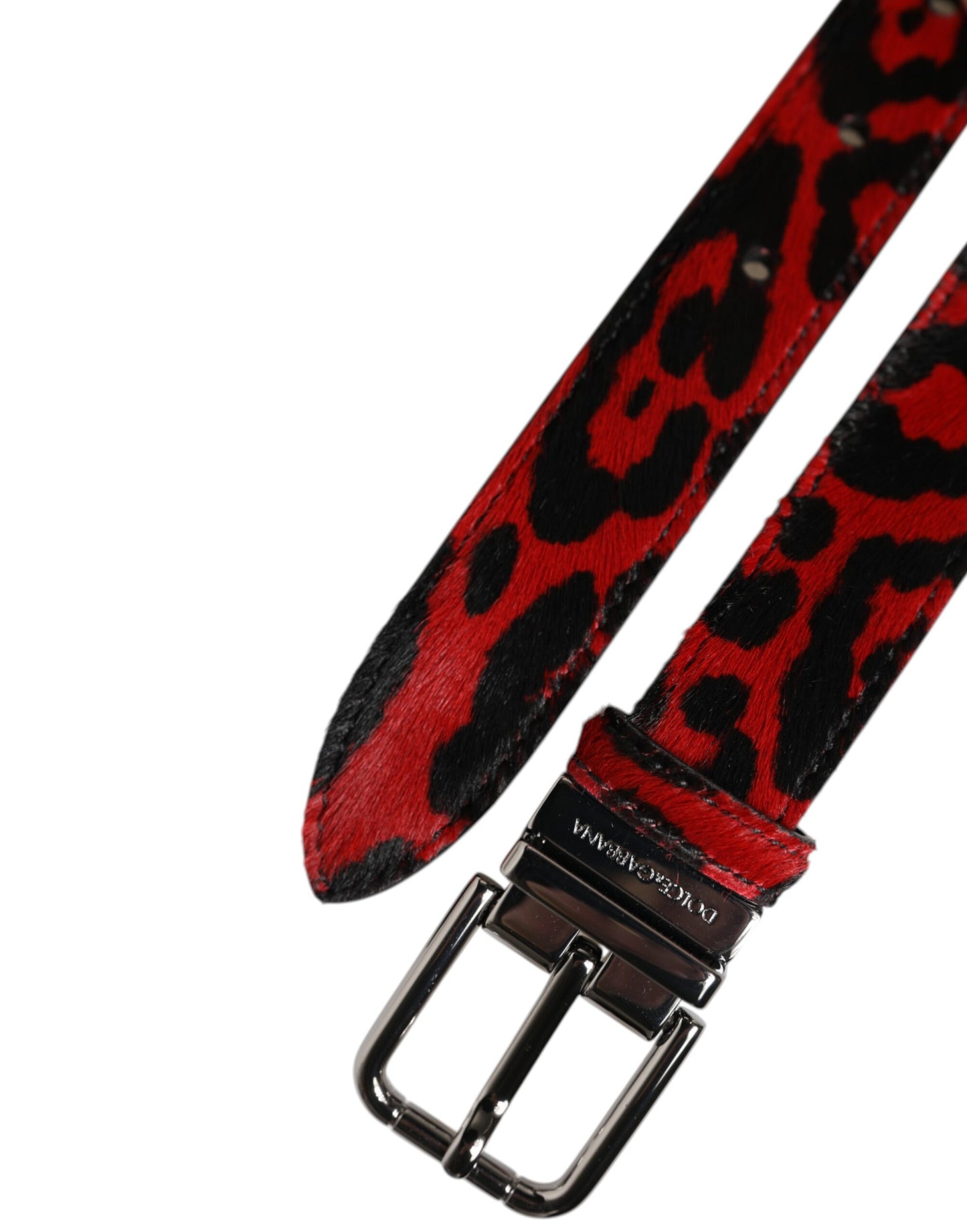 Dolce & Gabbana Gürtel mit schwarzer und roter Leoparden-Metallschnalle und silberner Schnalle