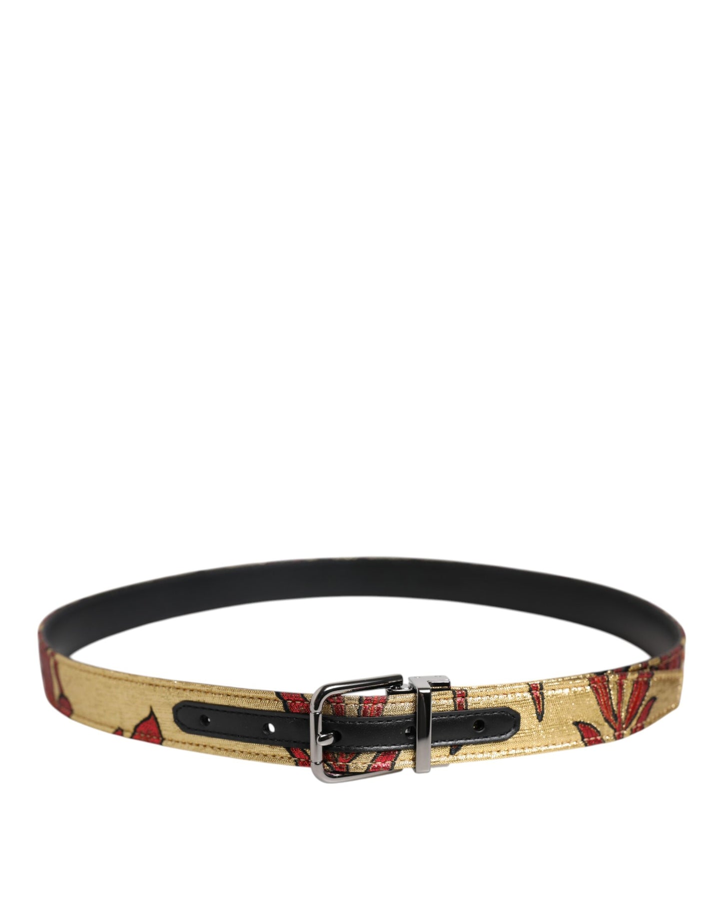 Dolce & Gabbana – Goldfarbener Jacquard-Gürtel mit floraler Schnalle aus silbernem Metall