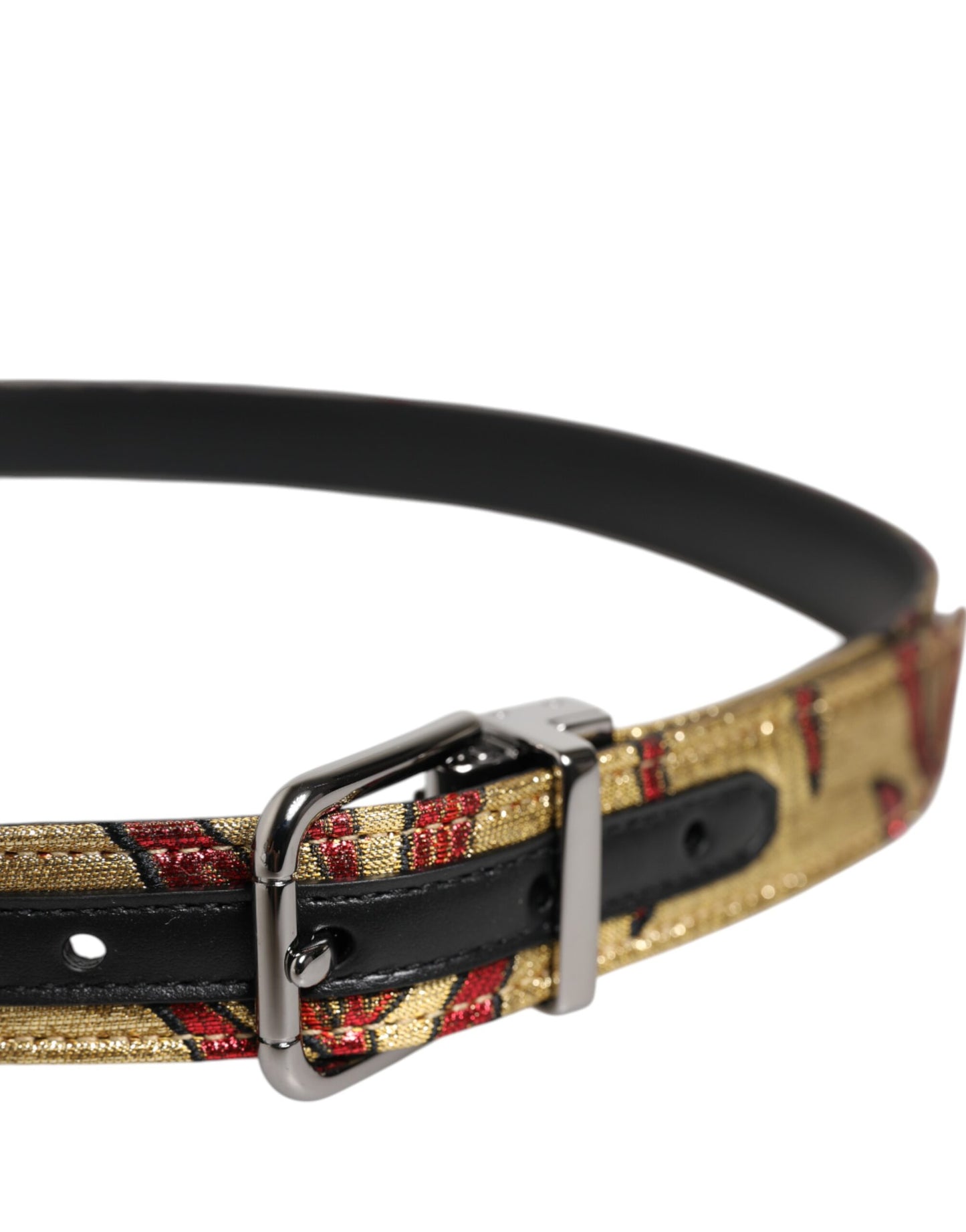 Dolce & Gabbana – Goldfarbener Jacquard-Gürtel mit floraler Schnalle aus silbernem Metall