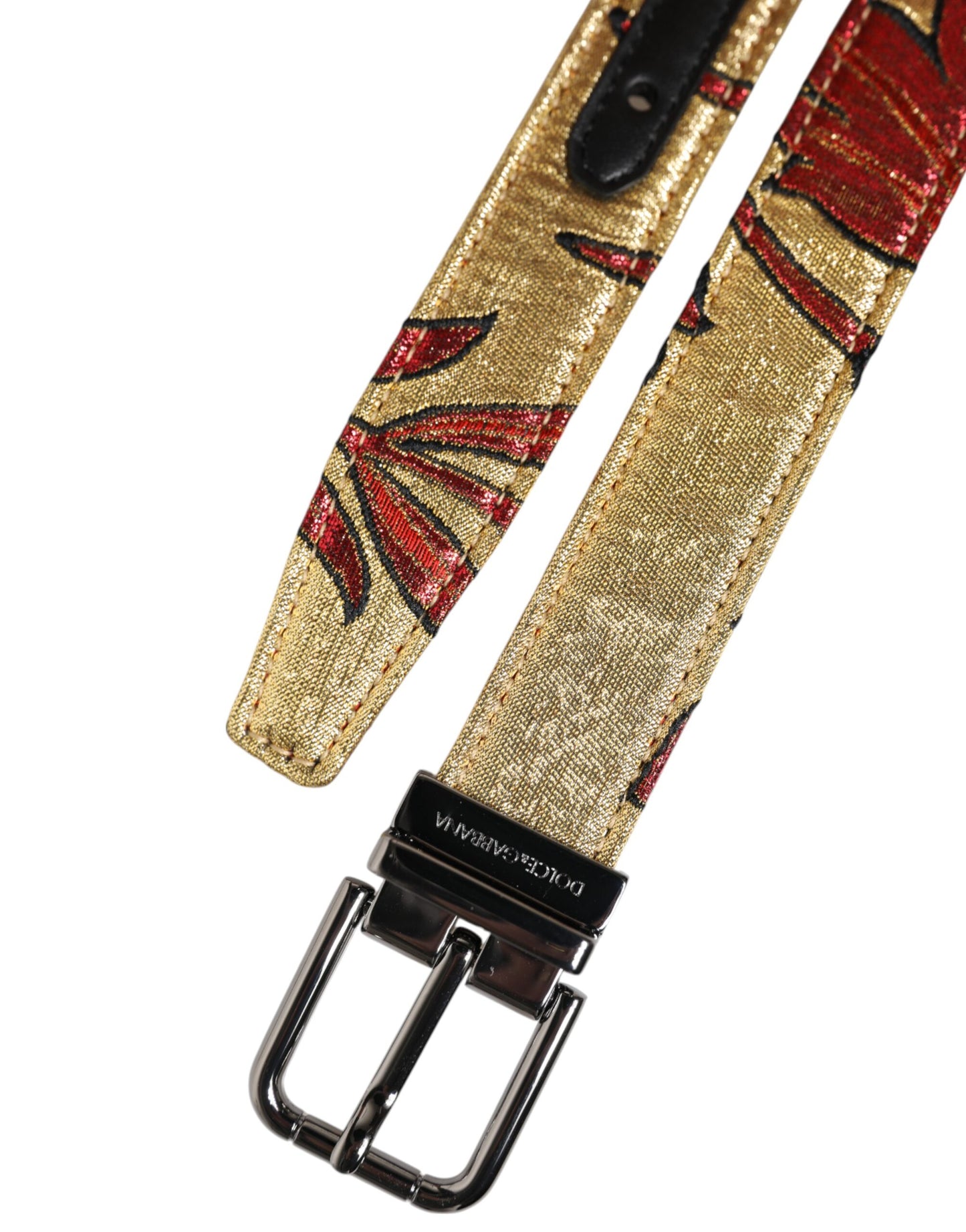 Dolce & Gabbana – Goldfarbener Jacquard-Gürtel mit floraler Schnalle aus silbernem Metall