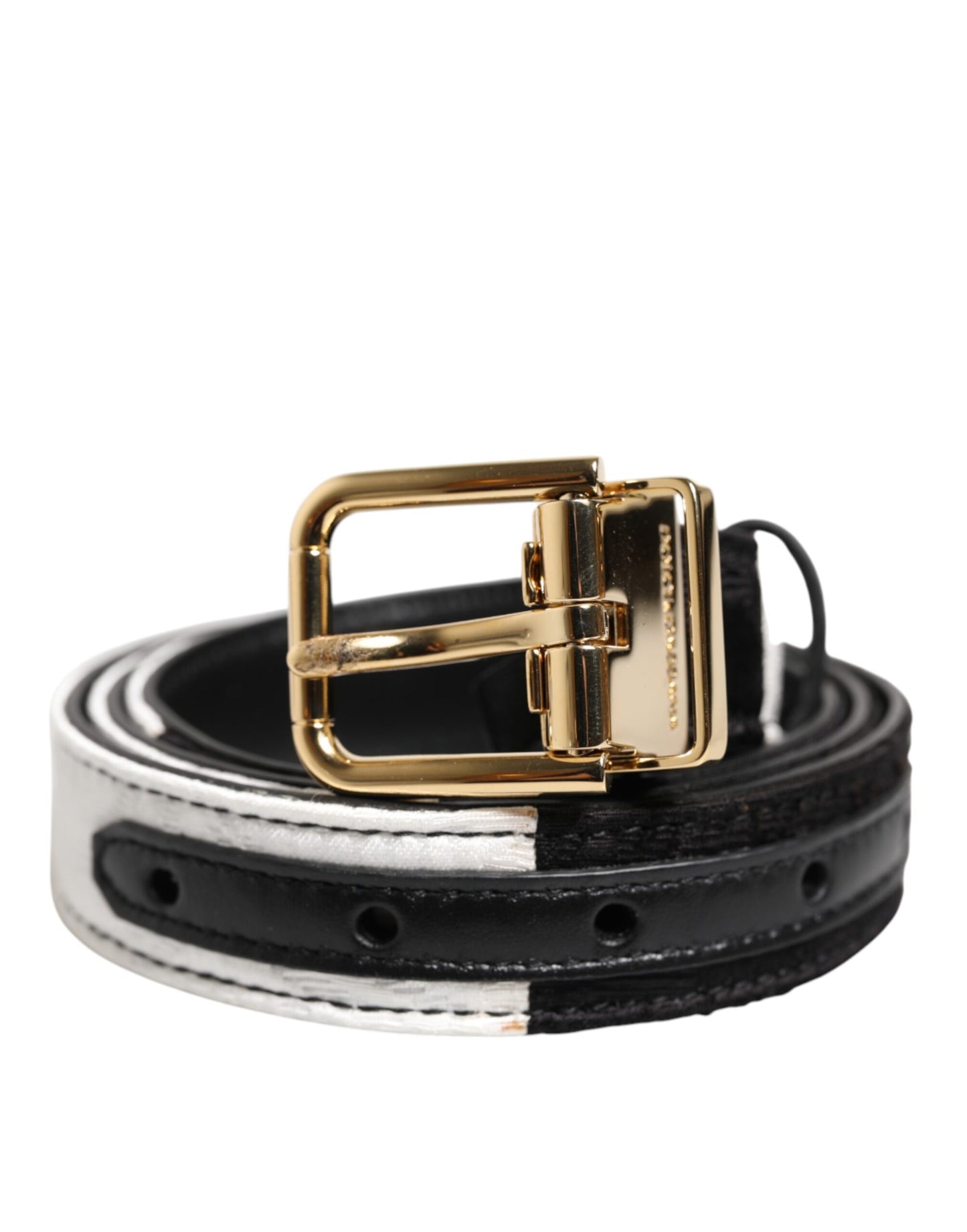 Dolce & Gabbana Schwarz-weißer Patchwork-Gürtel mit goldener Metallschnalle