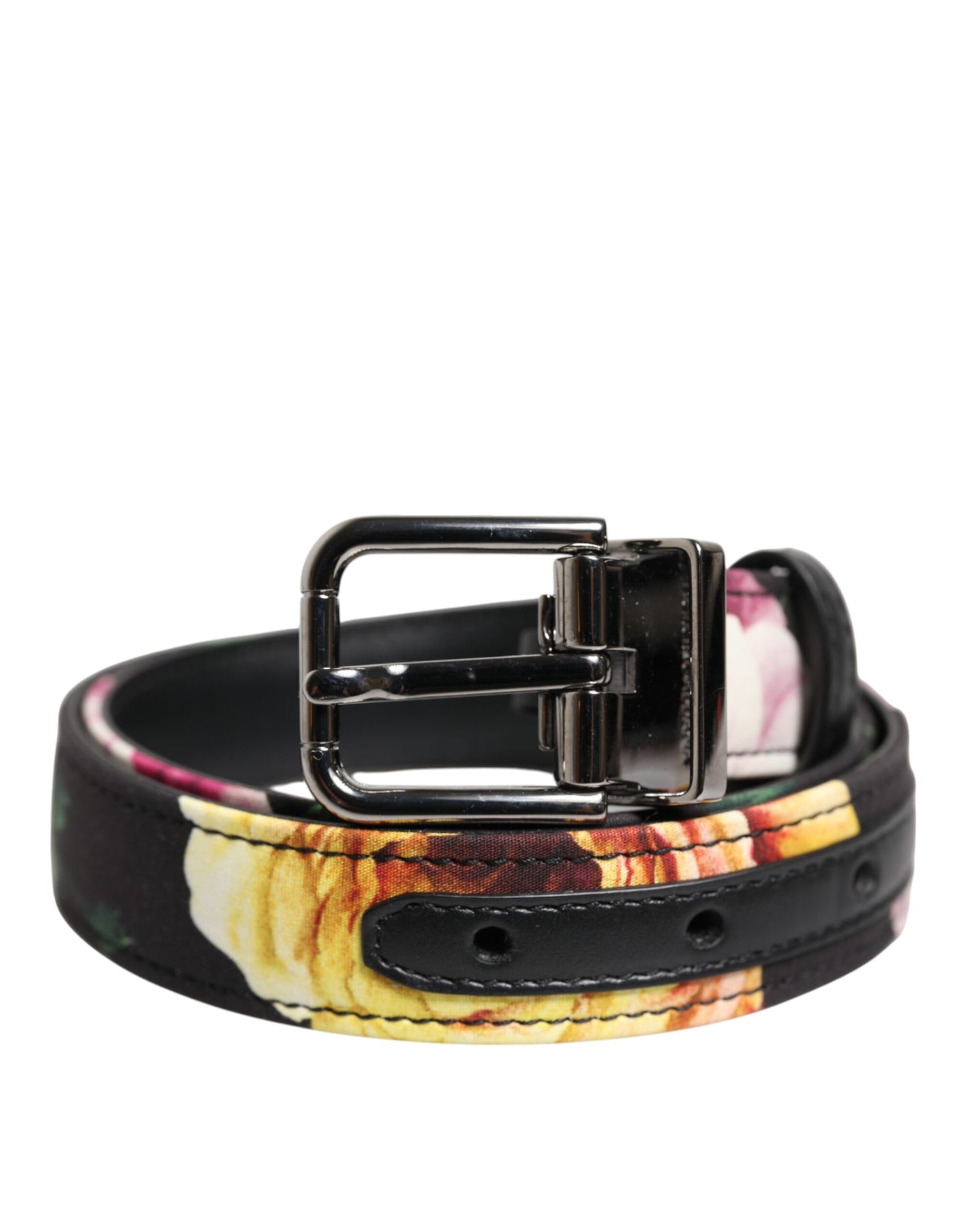 Dolce & Gabbana Schwarzer Brokatgürtel mit Blumenmuster und silberner Metallschnalle