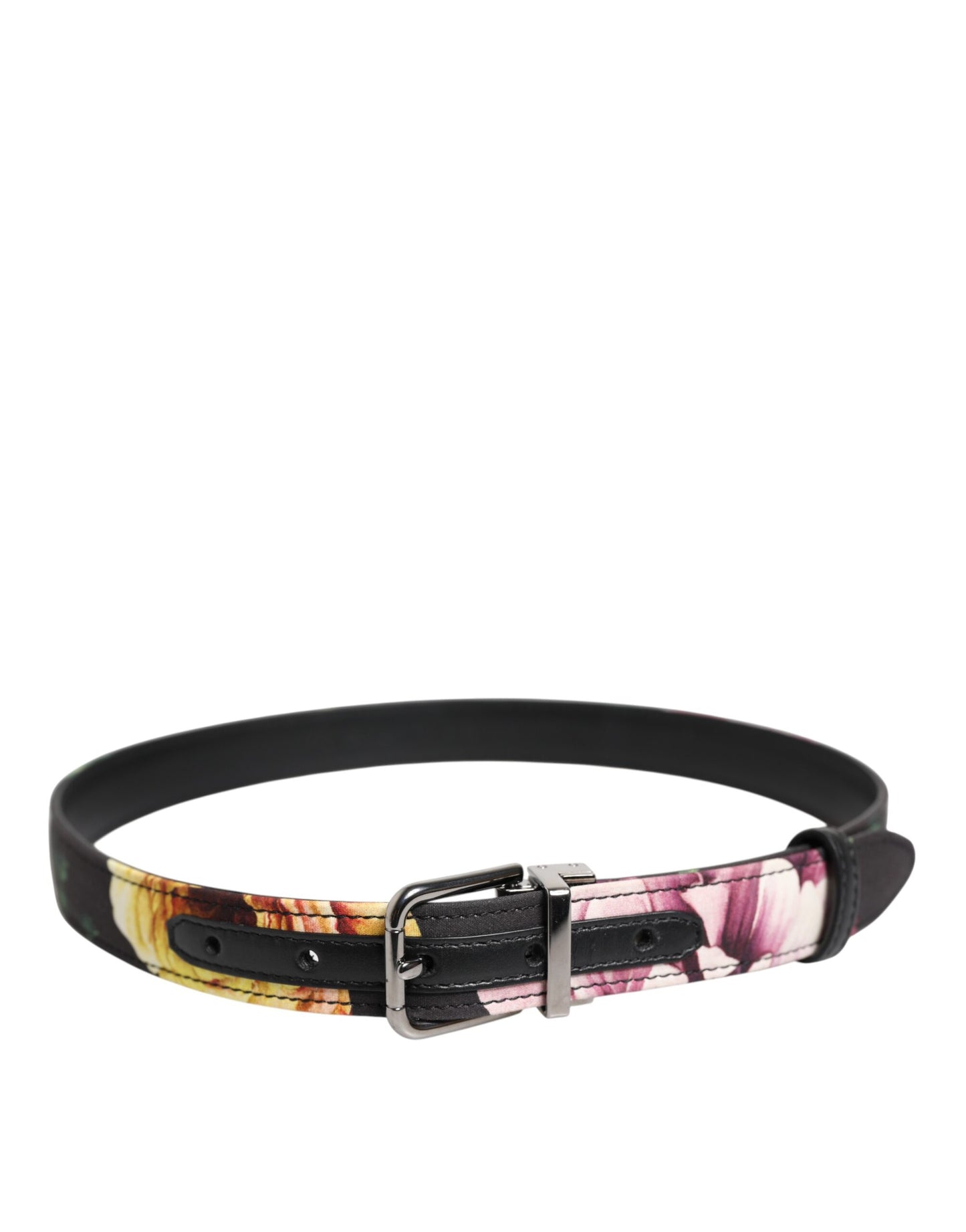 Dolce & Gabbana Schwarzer Brokatgürtel mit Blumenmuster und silberner Metallschnalle