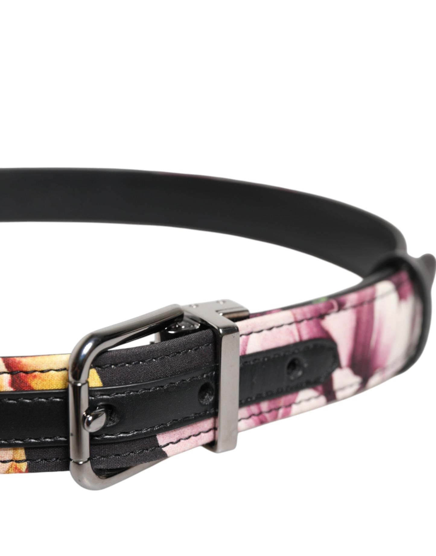 Dolce & Gabbana Schwarzer Brokatgürtel mit Blumenmuster und silberner Metallschnalle
