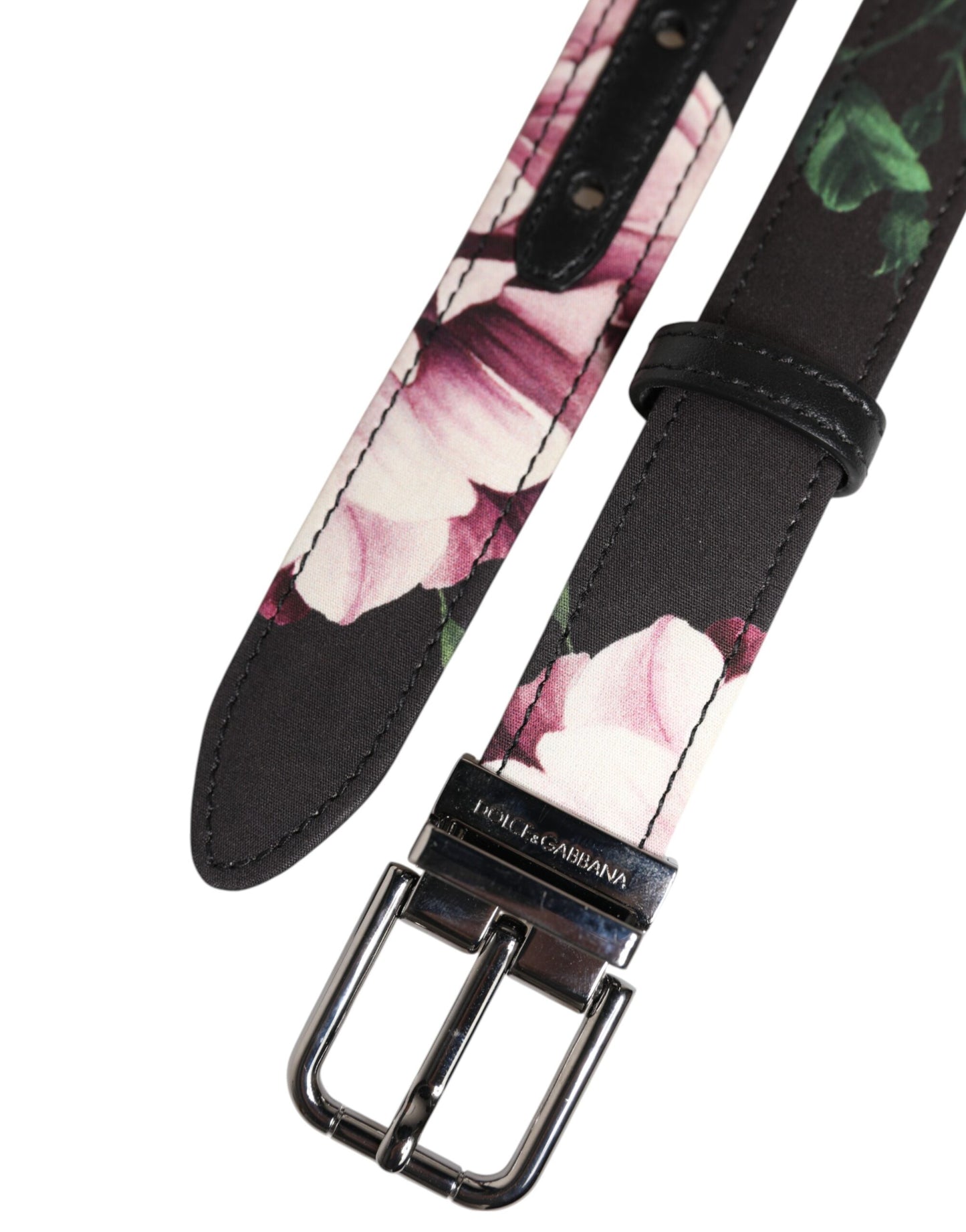 Dolce & Gabbana Schwarzer Brokatgürtel mit Blumenmuster und silberner Metallschnalle