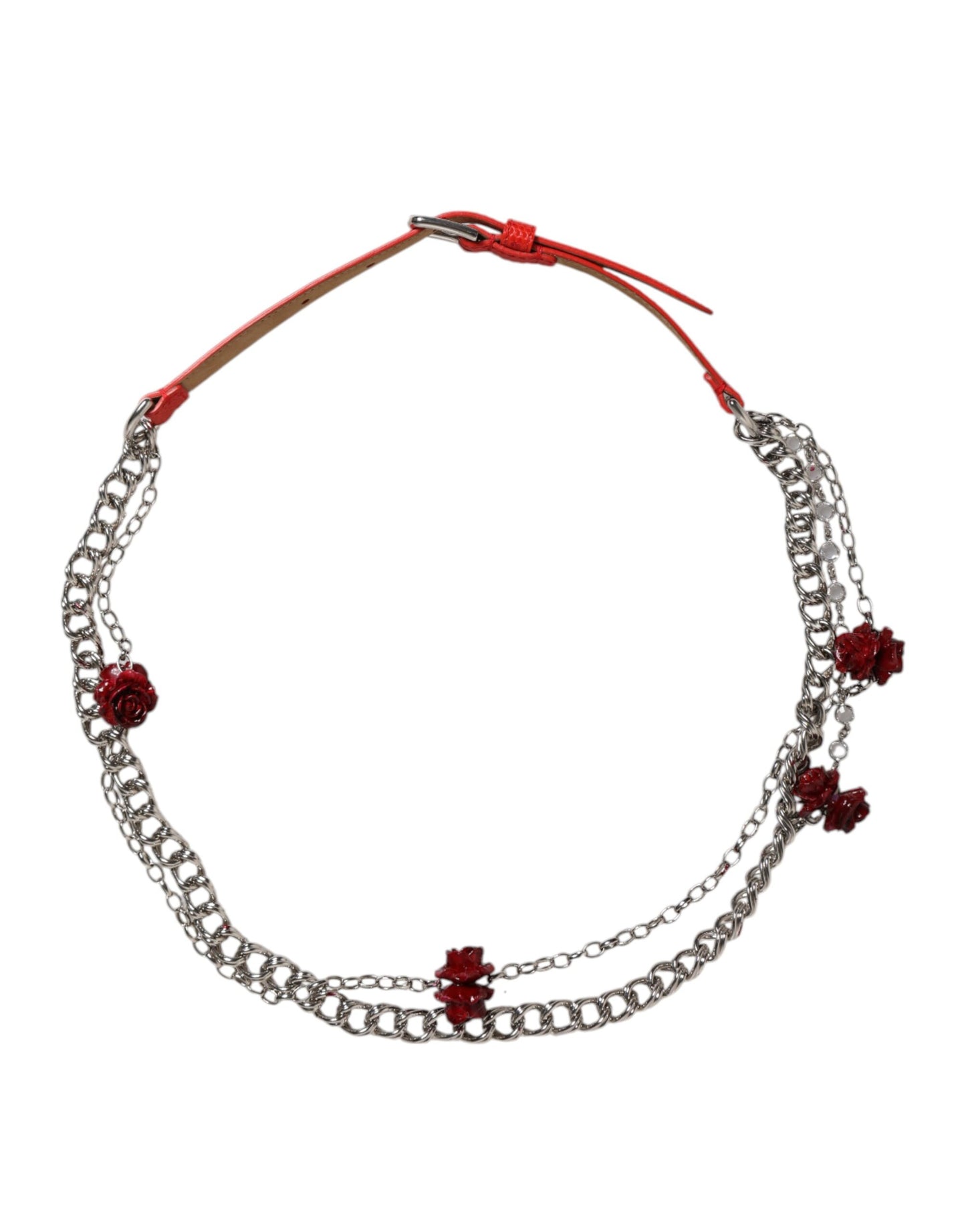 Dolce & Gabbana – Cintura-Gürtel aus rotem Leder mit silberner Kette und Blumenmuster
