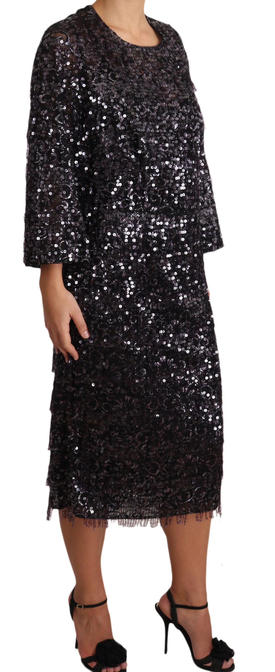 Dolce & Gabbana – Schwarzes, langärmliges Midi-Etuikleid mit Pailletten