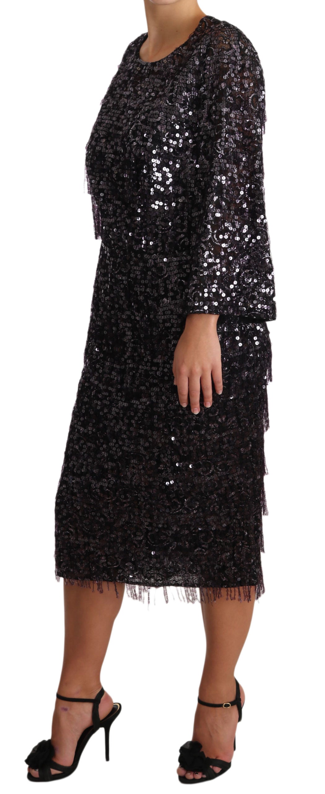 Dolce & Gabbana – Schwarzes, langärmliges Midi-Etuikleid mit Pailletten