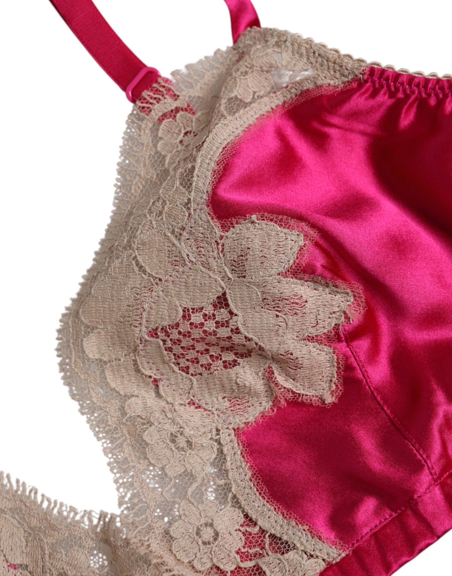Dolce & Gabbana – Magentafarbene, bügellose Seiden-BH-Unterwäsche mit floraler Spitze