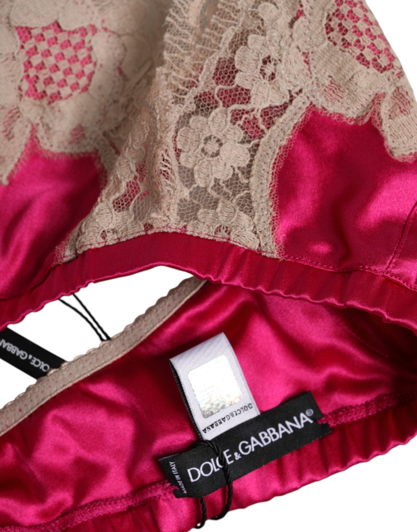 Dolce & Gabbana – Magentafarbene, bügellose Seiden-BH-Unterwäsche mit floraler Spitze