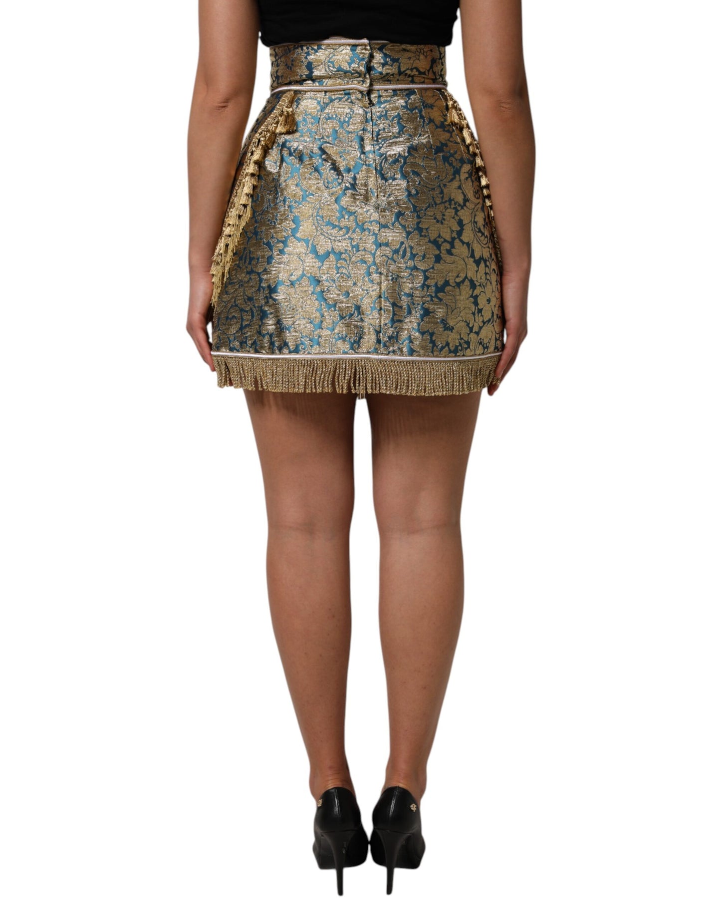 Dolce & Gabbana – Blauer Minirock aus geblümtem Jacquard mit Quasten