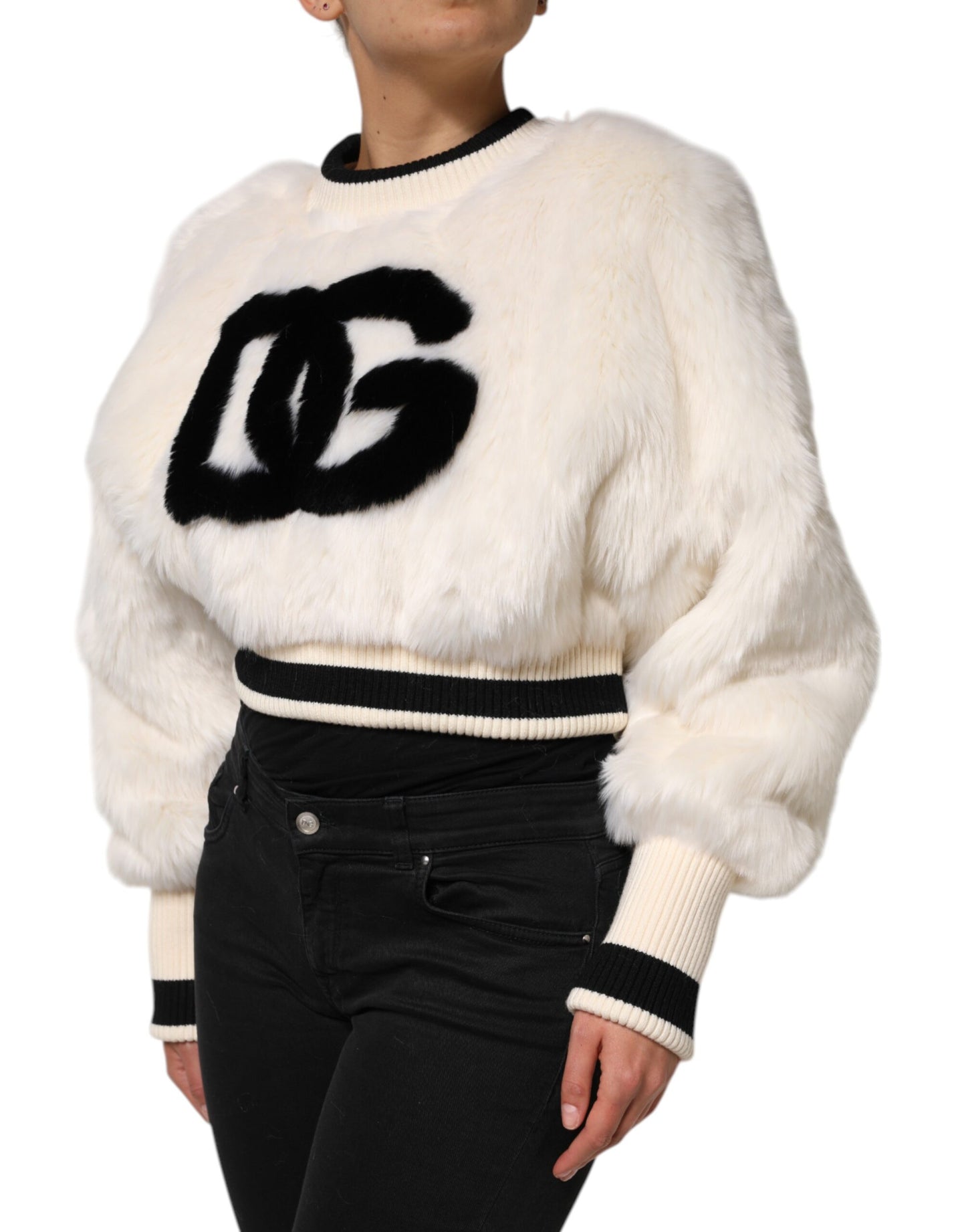 Dolce & Gabbana – Weißes, kurzes Sweatshirt aus Kunstpelz DG