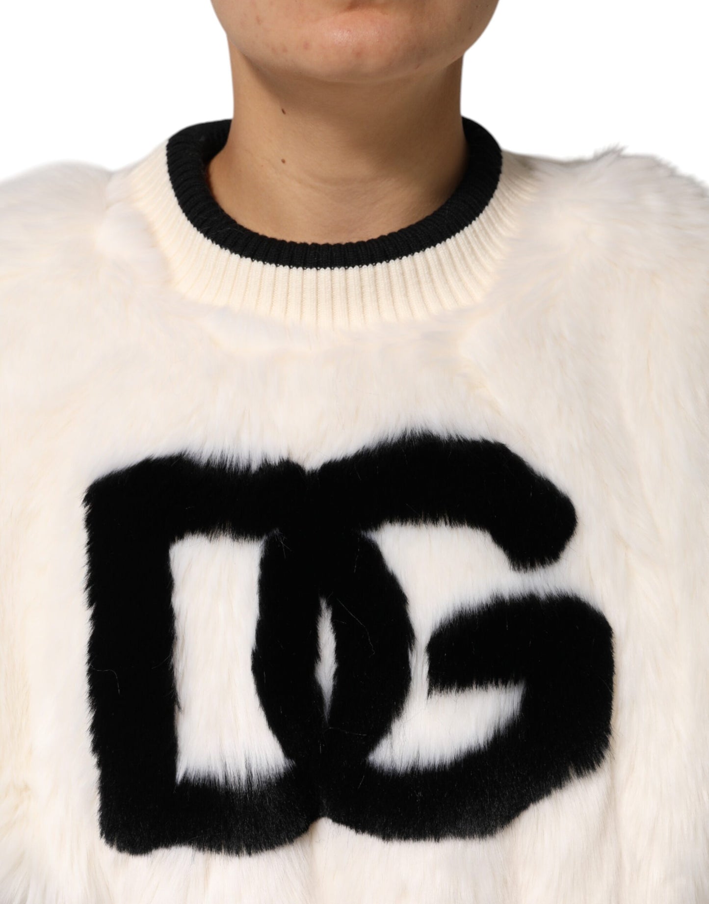 Dolce & Gabbana – Weißes, kurzes Sweatshirt aus Kunstpelz DG