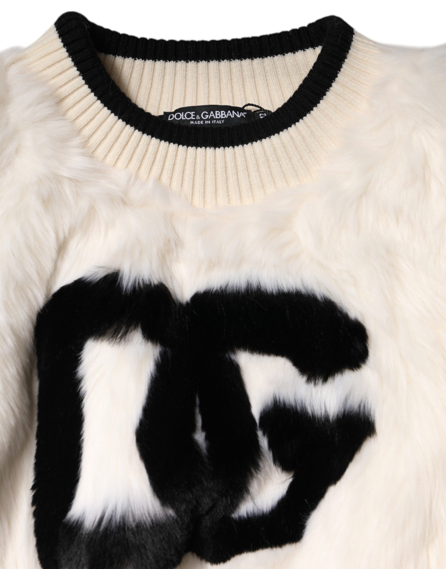 Dolce & Gabbana – Weißes, kurzes Sweatshirt aus Kunstpelz DG