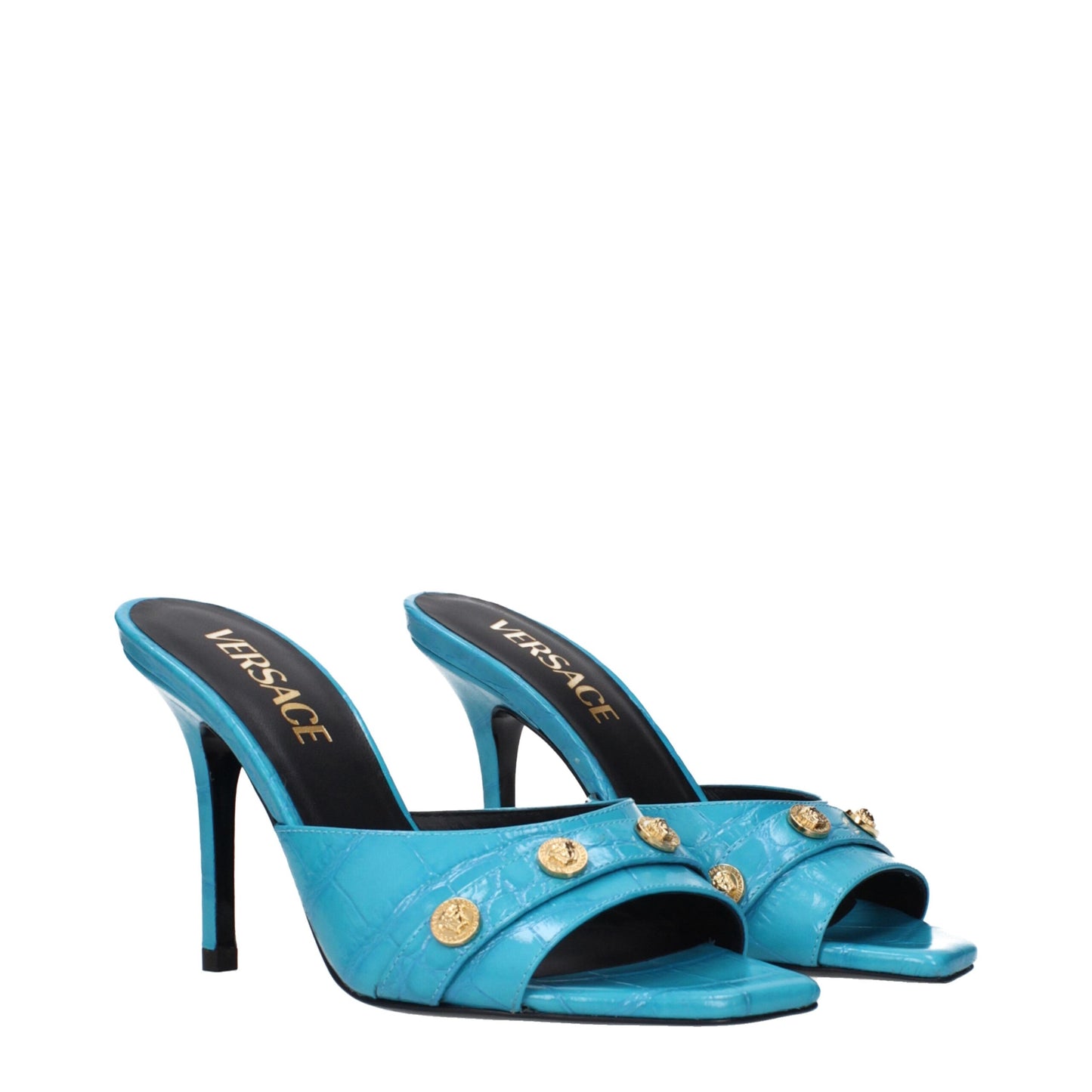 Versace Hellblaue Ledersandalen mit Stilettoabsatz