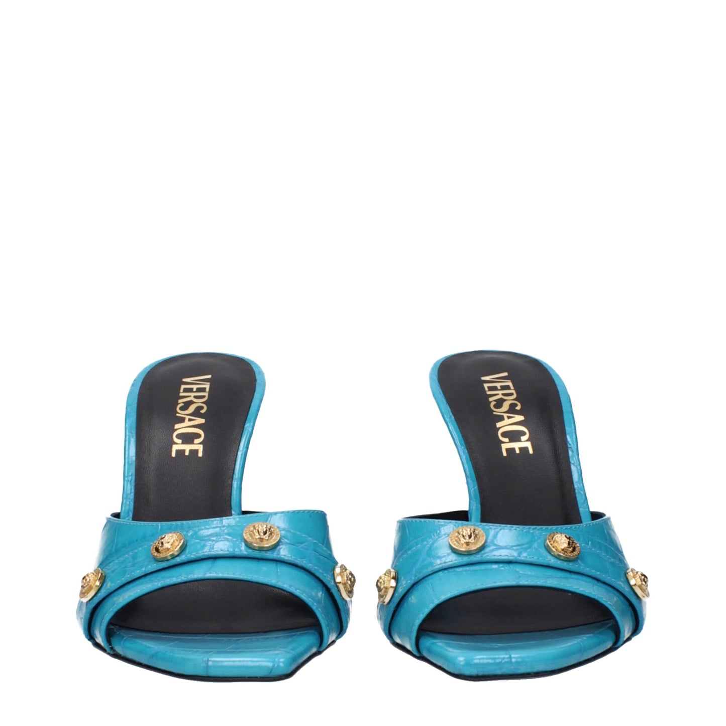Versace Hellblaue Ledersandalen mit Stilettoabsatz