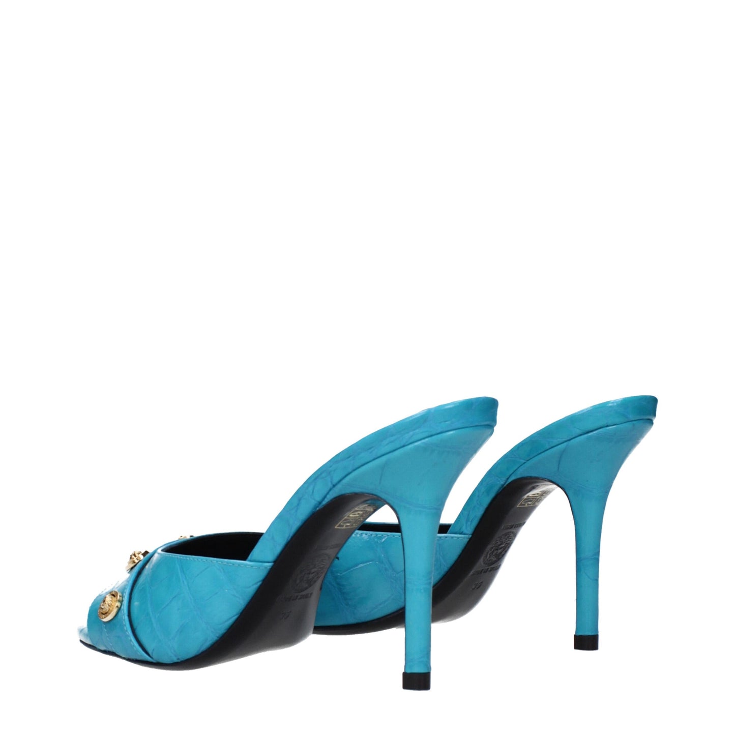 Versace Hellblaue Ledersandalen mit Stilettoabsatz