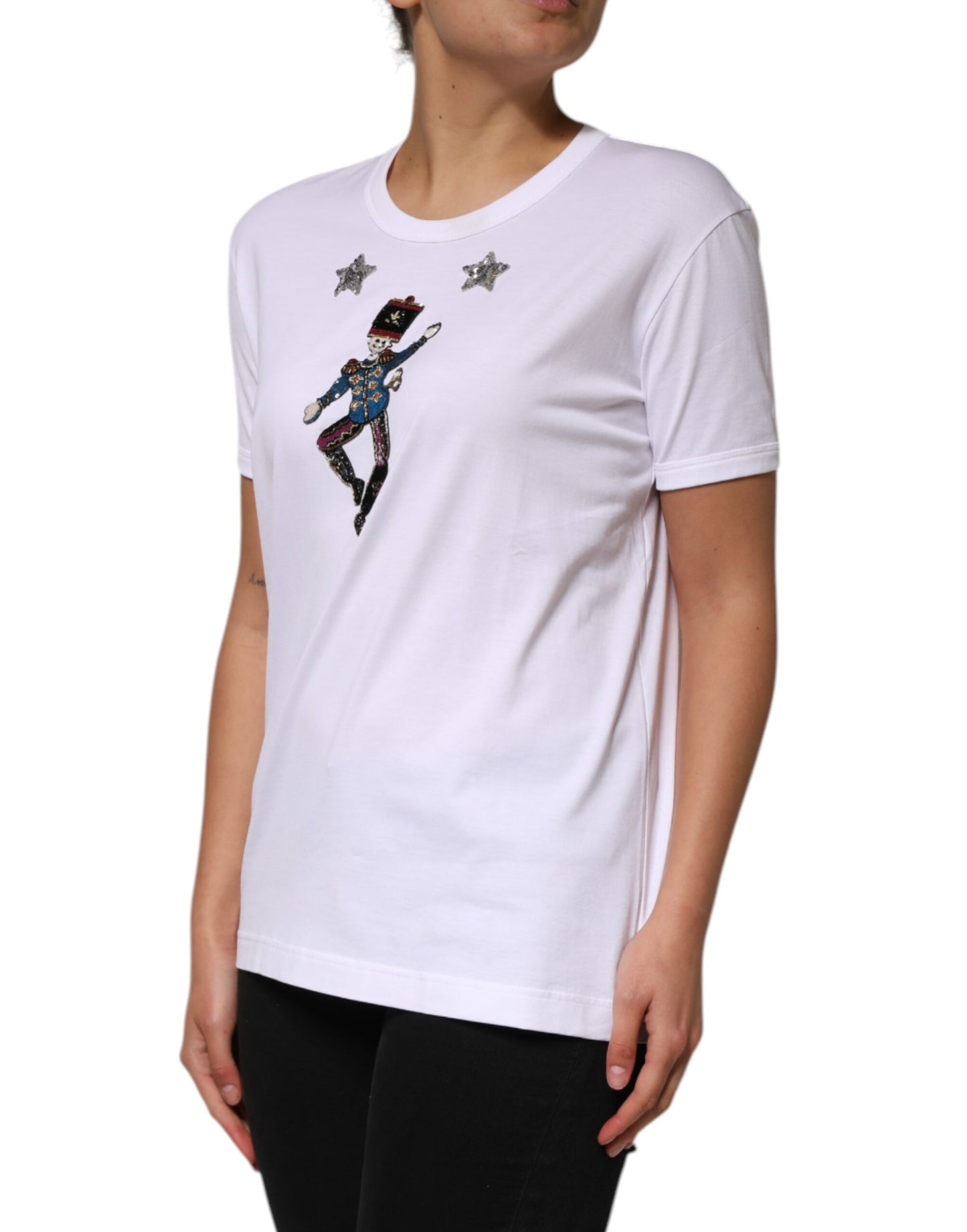 Dolce & Gabbana – Weißes T-Shirt aus Baumwolle mit Paillettenverzierung