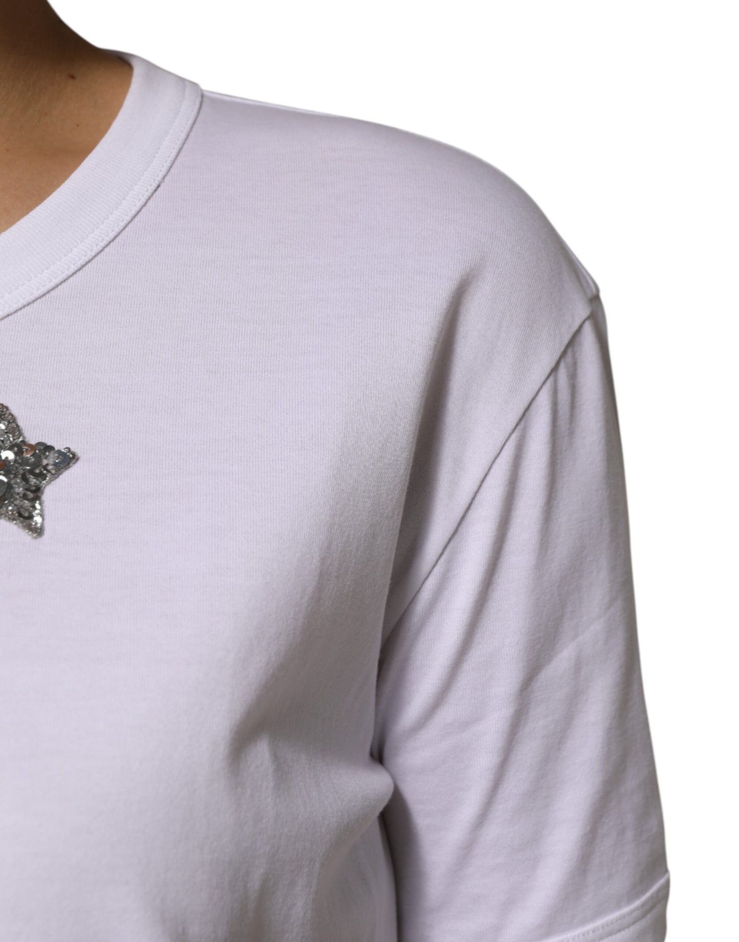 Dolce & Gabbana – Weißes T-Shirt aus Baumwolle mit Paillettenverzierung