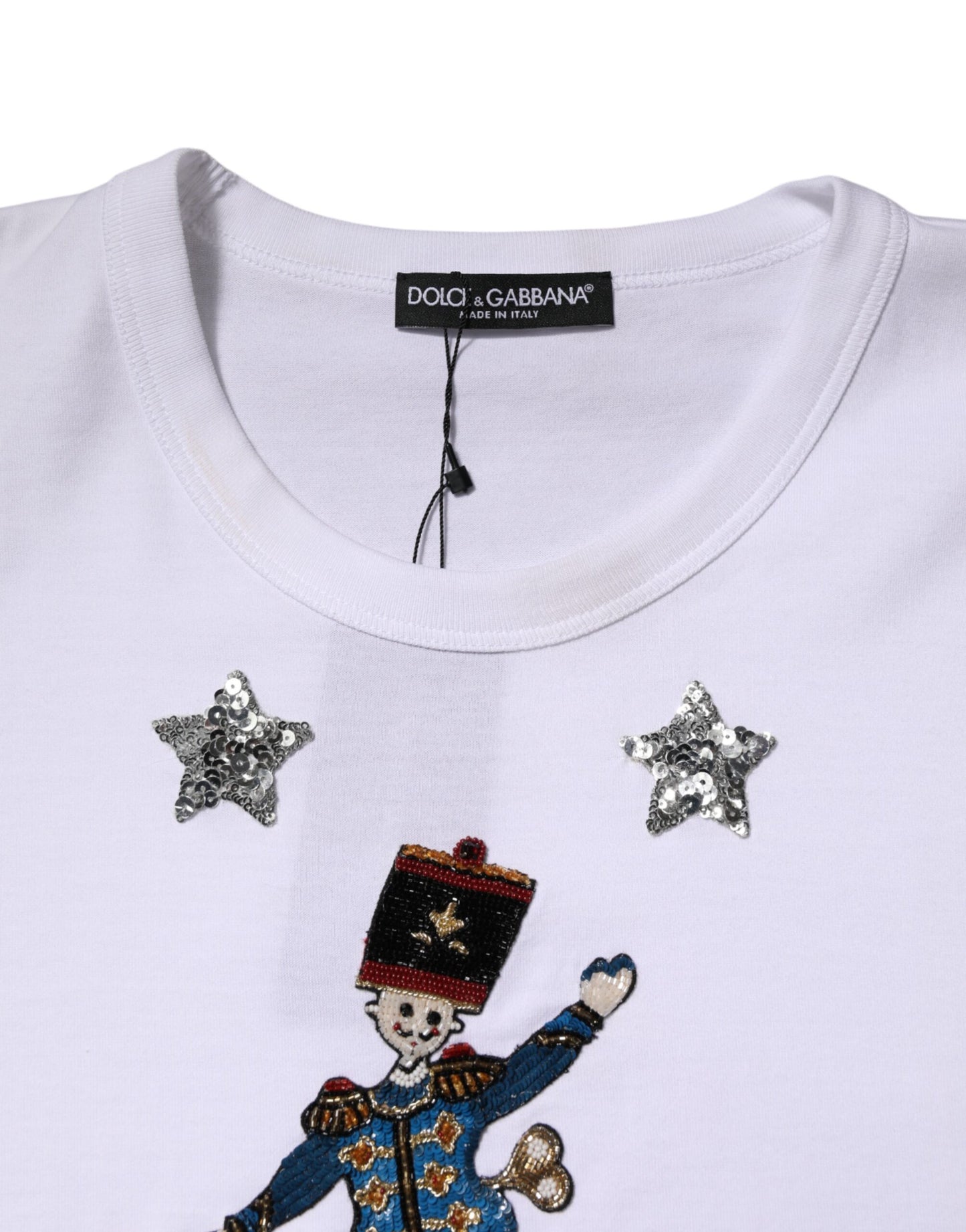 Dolce & Gabbana – Weißes T-Shirt aus Baumwolle mit Paillettenverzierung
